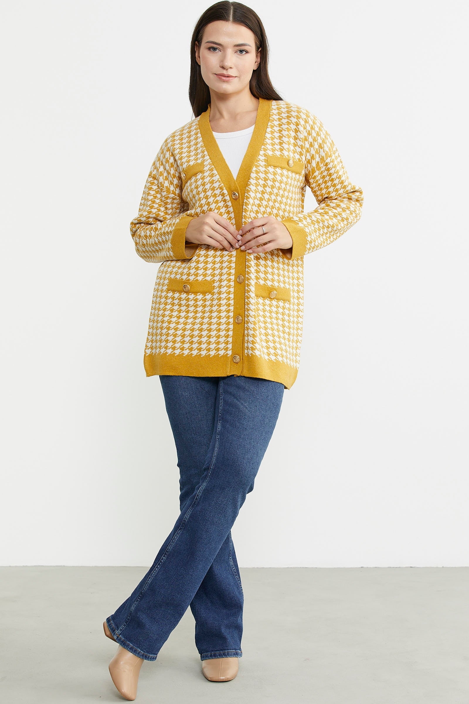 Kazayağı Motif Oversize Triko Ceket - Güneş - Sementa