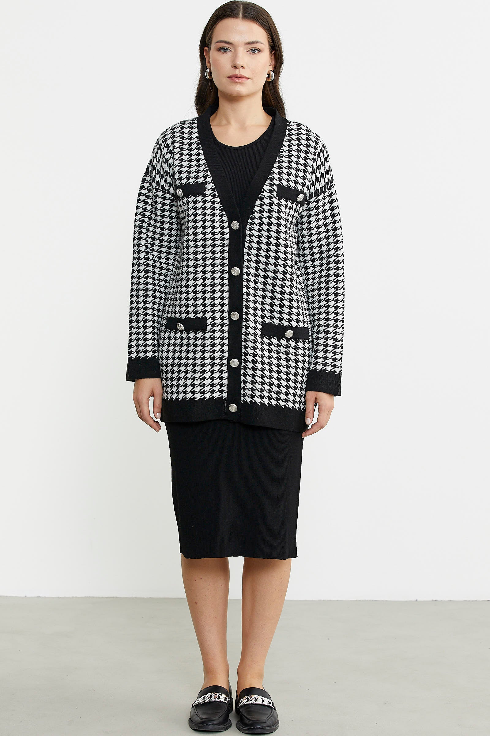 Kazayağı Motif Oversize Triko Ceket - Siyah - Sementa