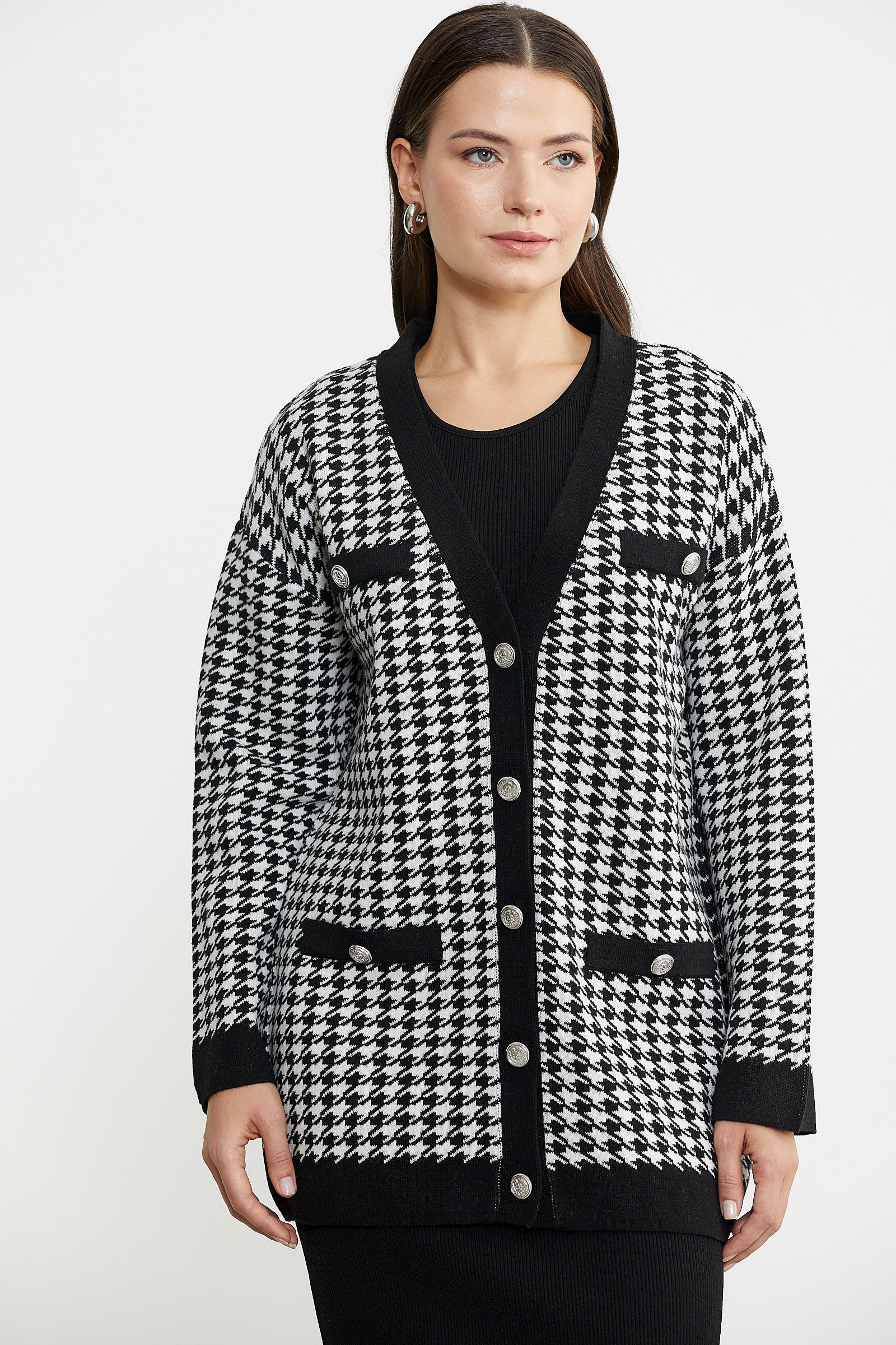 Kazayağı Motif Oversize Triko Ceket - Siyah - Sementa