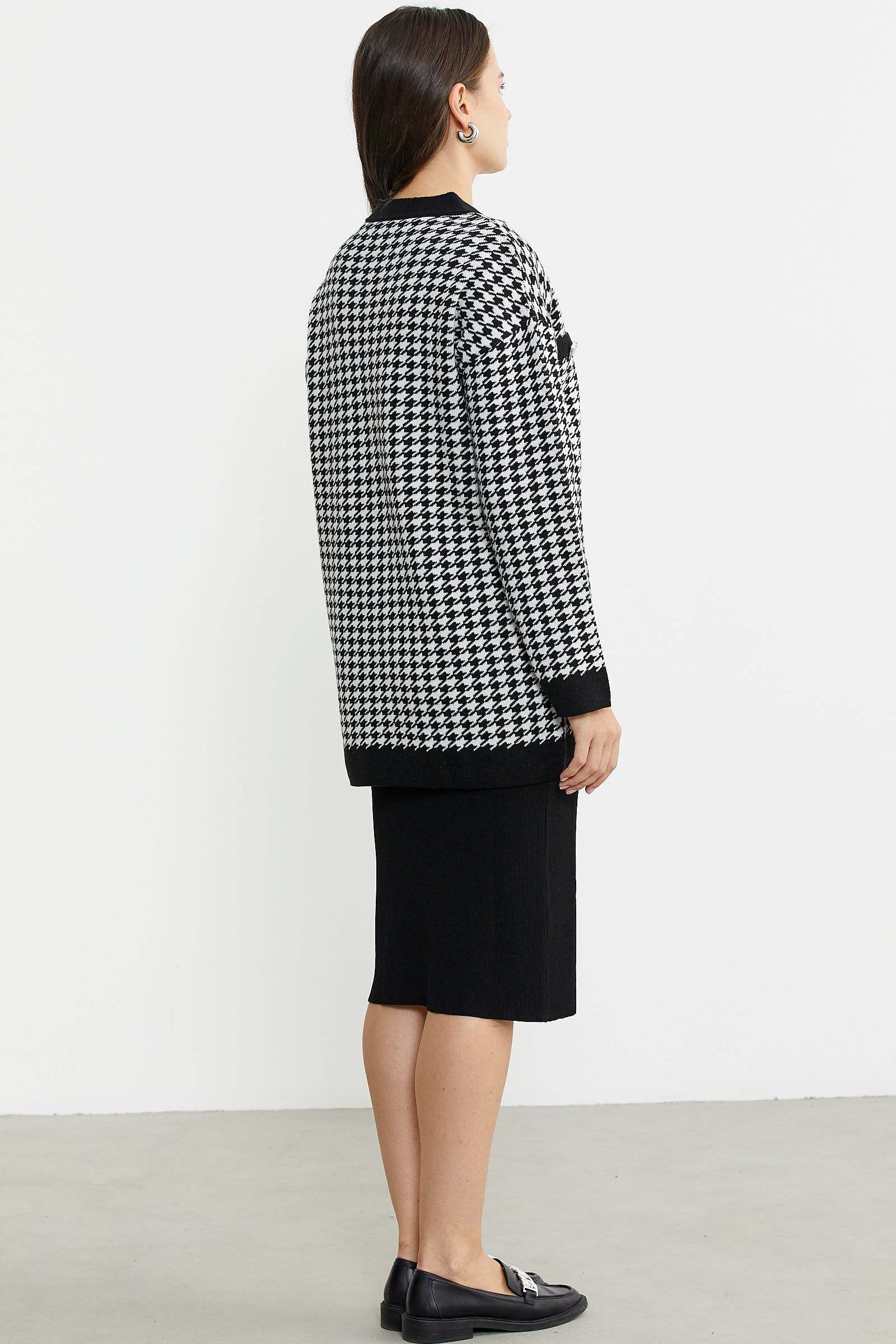 Kazayağı Motif Oversize Triko Ceket - Siyah - Sementa