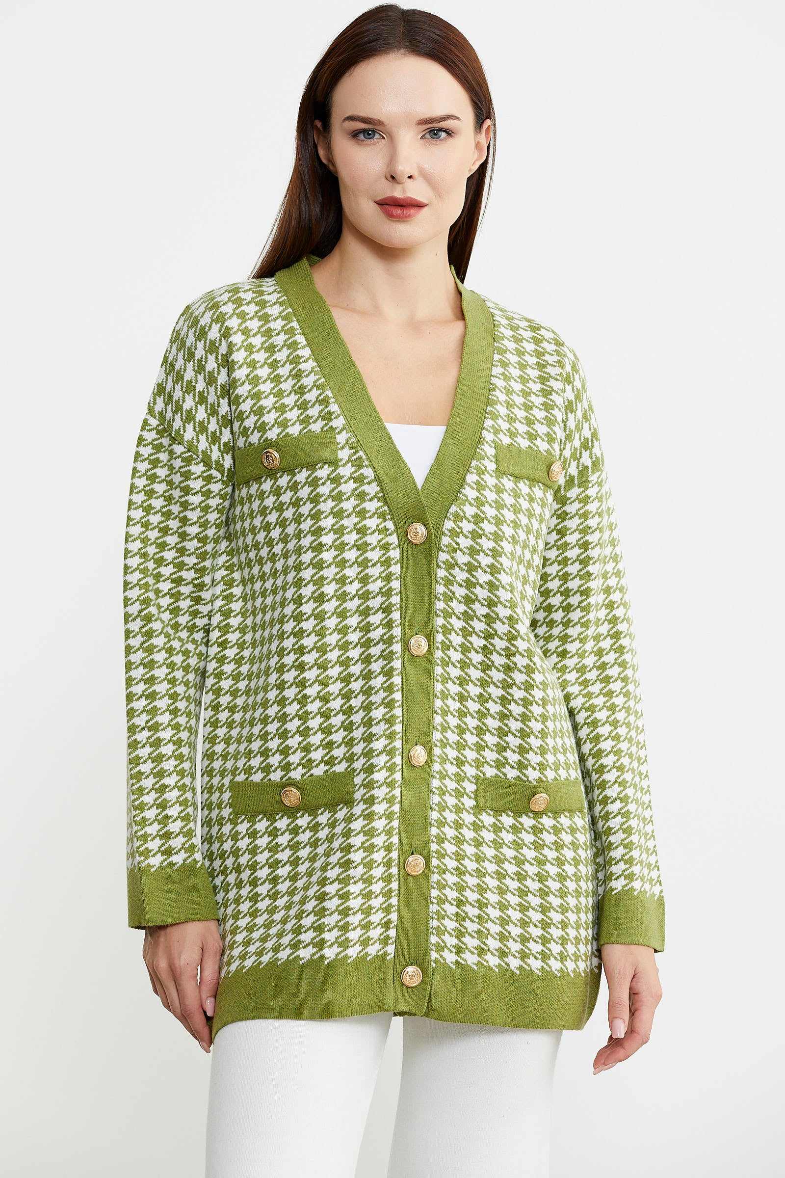 Kazayağı Motif Oversize Triko Ceket - Yeşil - Sementa