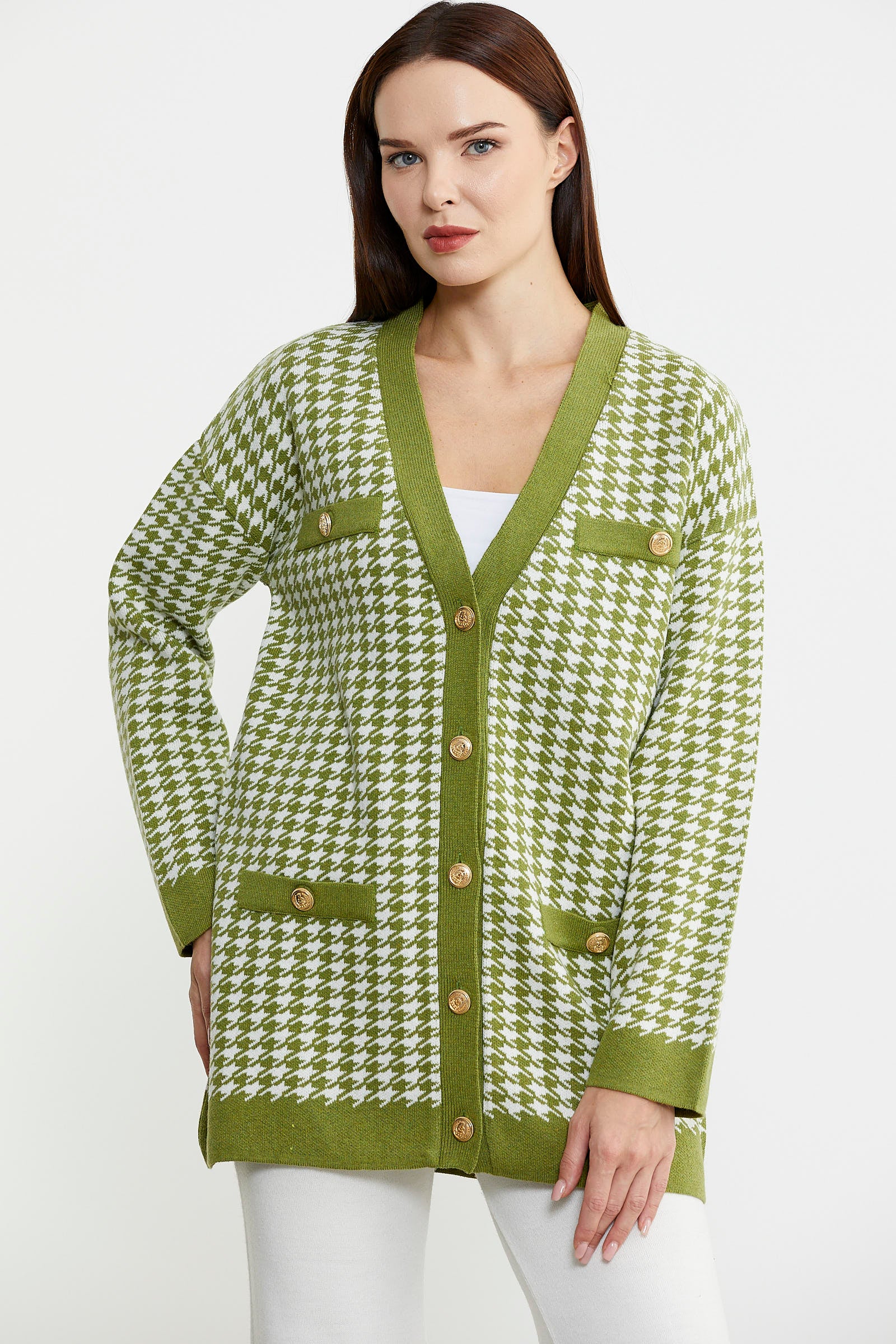 Kazayağı Motif Oversize Triko Ceket - Yeşil - Sementa