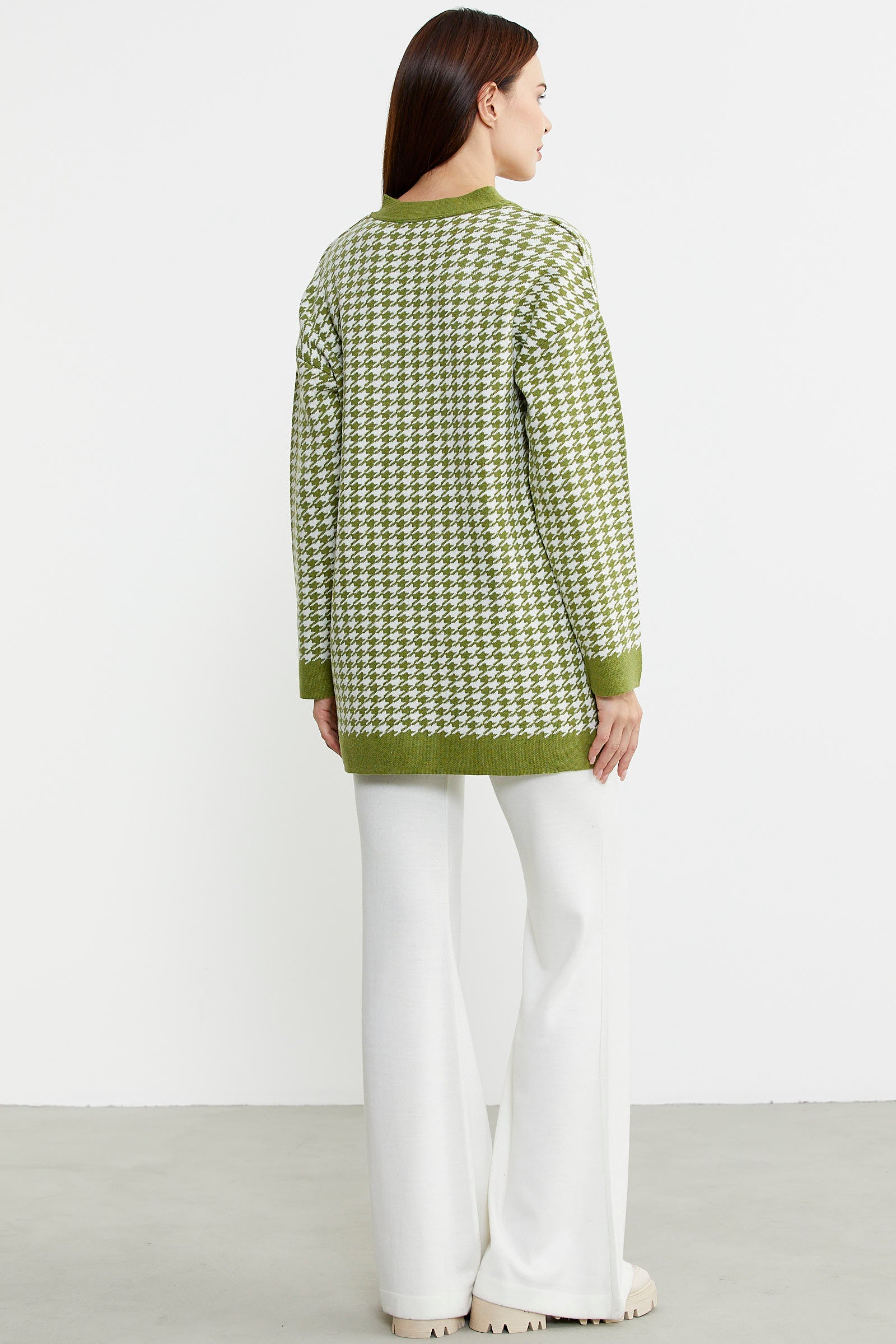 Kazayağı Motif Oversize Triko Ceket - Yeşil - Sementa