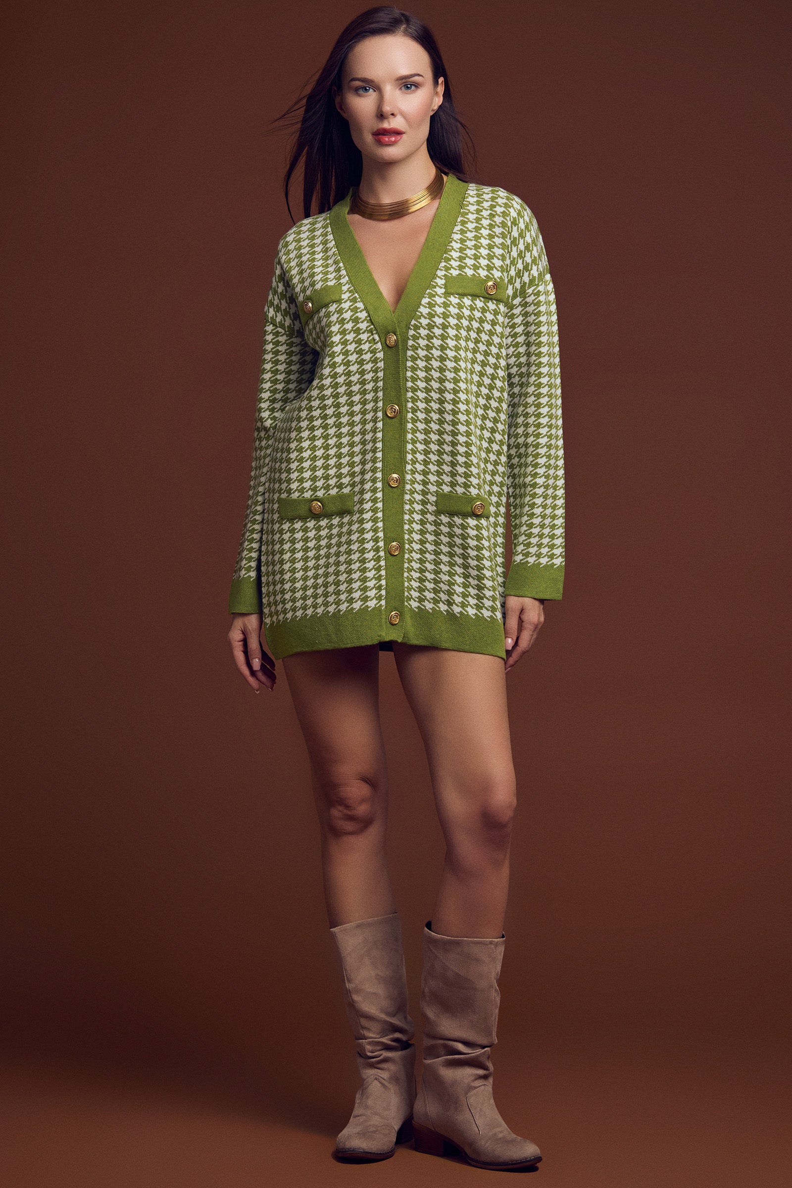 Kazayağı Motif Oversize Triko Ceket - Yeşil - Sementa