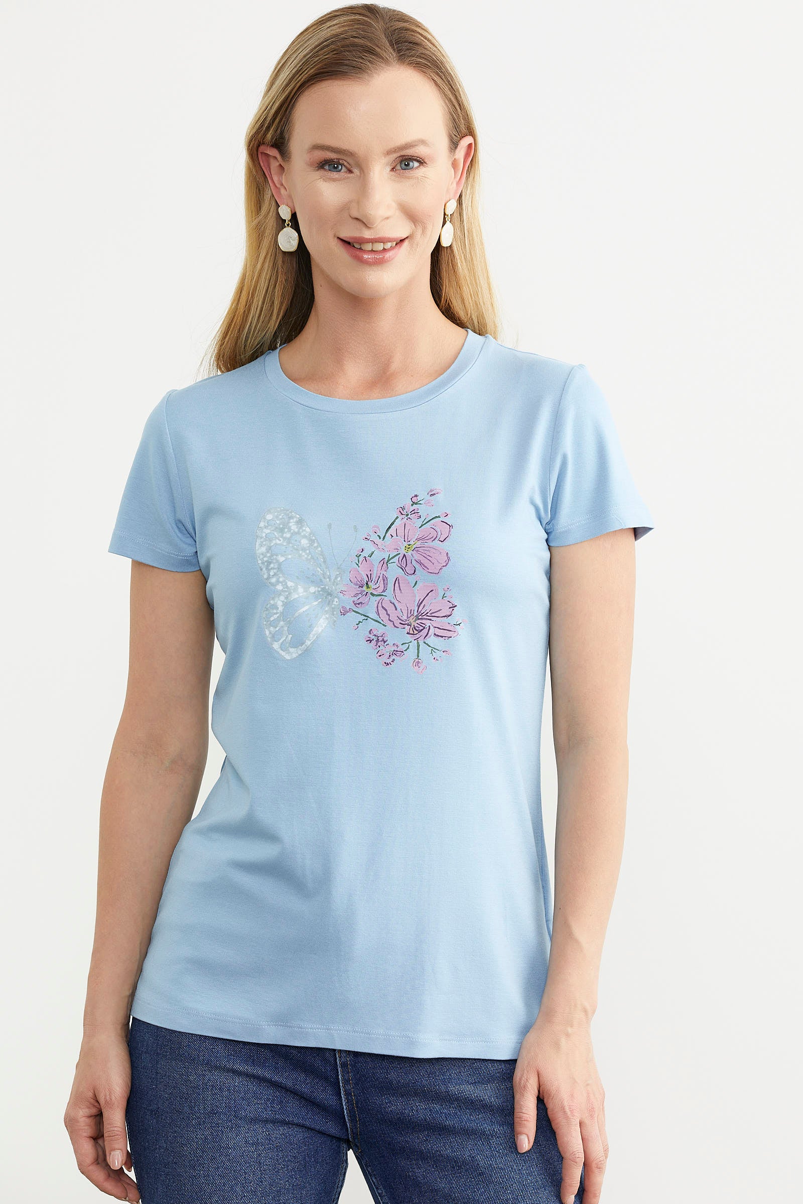 Kelebek Baskılı Basic Tişört - Mavi (1) Sementa