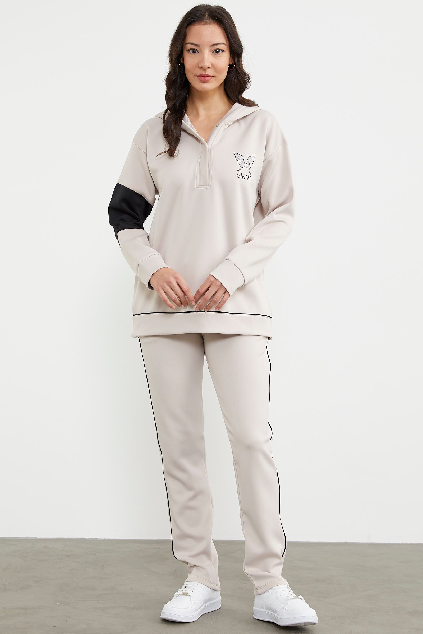 Kelebek Baskılı Oversize Scuba Eşofman Takım - Bej (2) Sementa