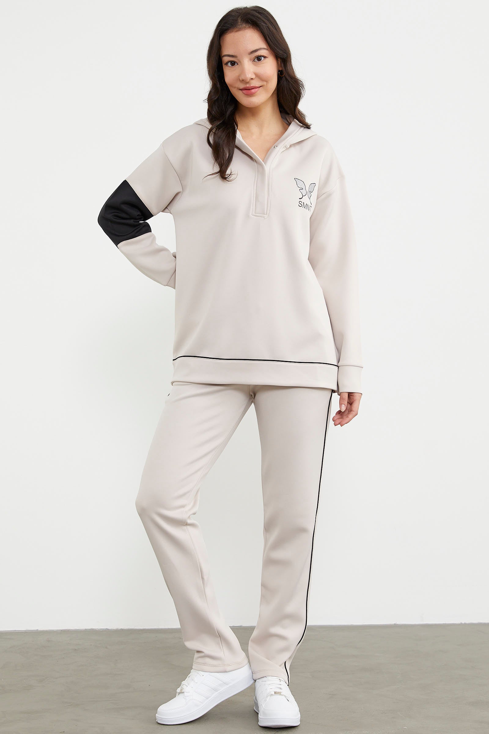 Kelebek Baskılı Oversize Scuba Eşofman Takım - Bej (3) Sementa