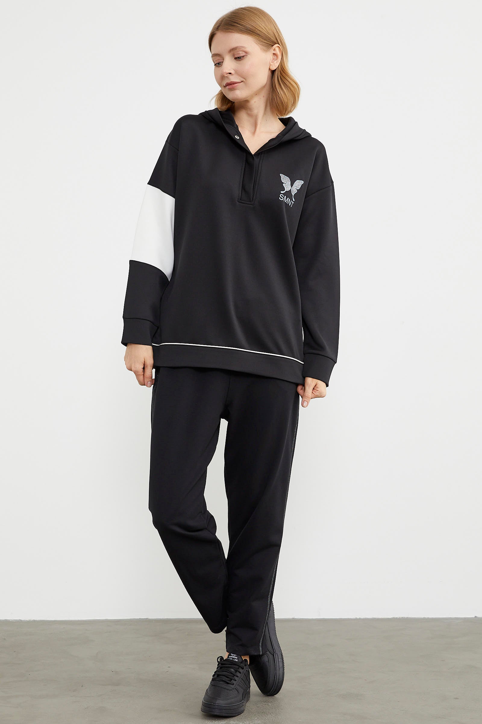 Kelebek Baskılı Oversize Scuba Eşofman Takım - Siyah (1) Sementa