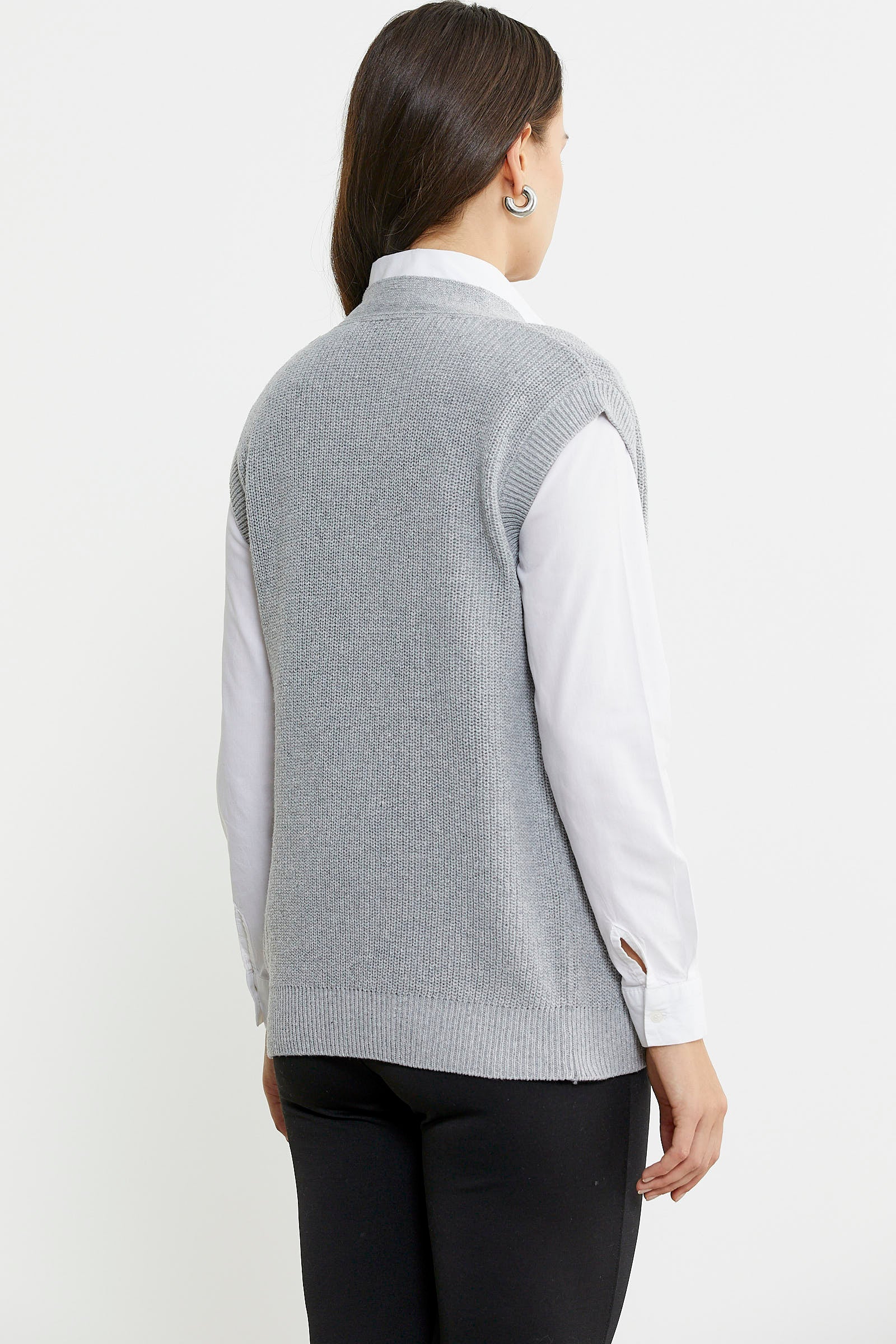 Kendinden Kemerli Yünlü Triko Yelek - Açık Gri - Sementa