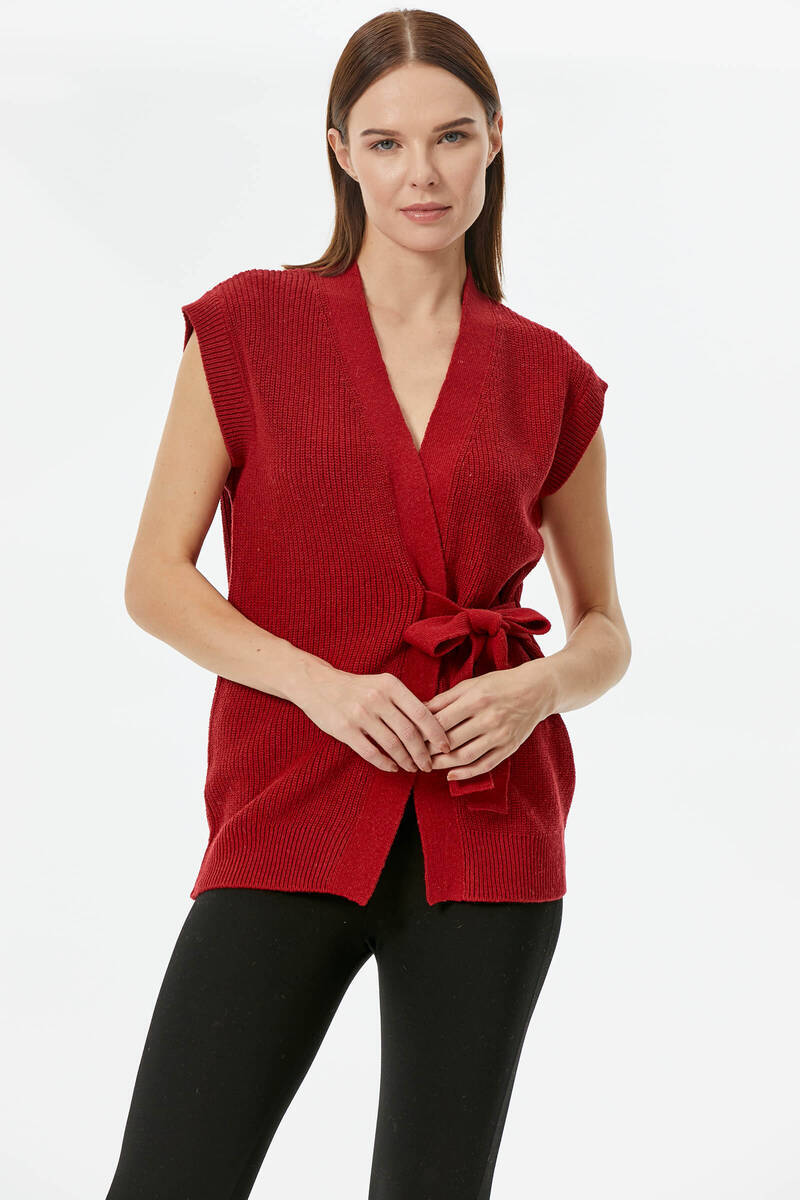 Kendinden Kemerli Triko Yelek - Kırmızı (3) Sementa