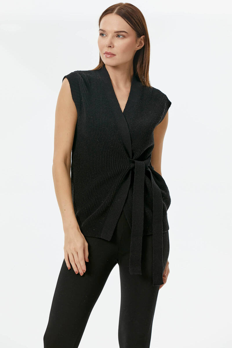 Kendinden Kemerli Triko Yelek - Siyah (3) Sementa