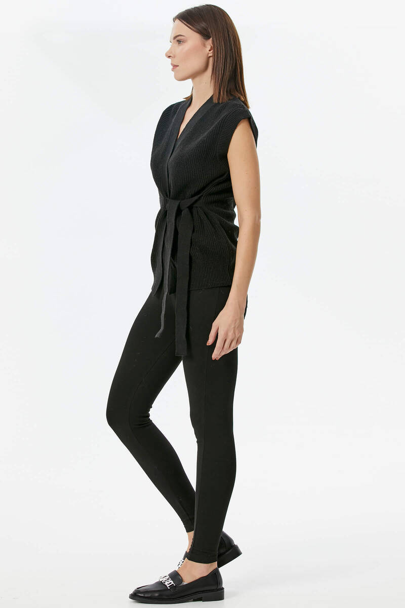 Kendinden Kemerli Triko Yelek - Siyah (4) Sementa