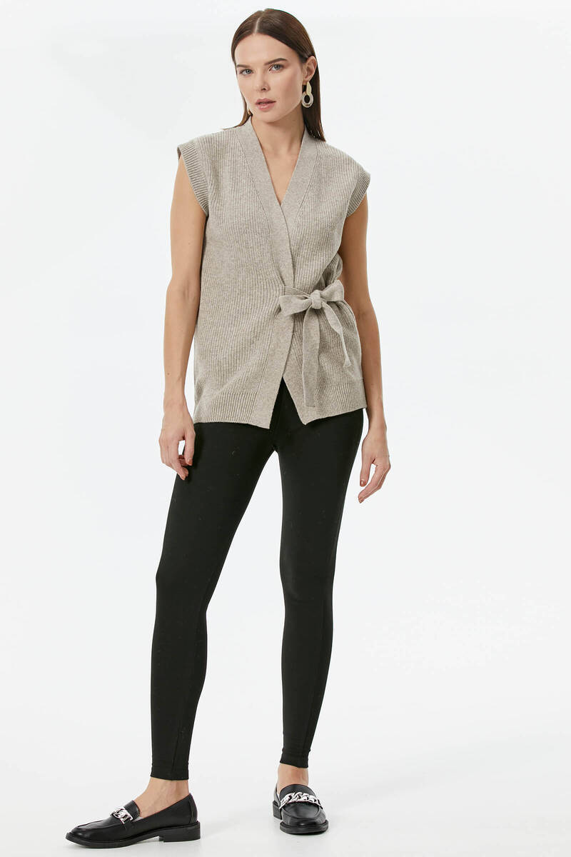 Kendinden Kemerli Triko Yelek - Vizon (4) Sementa