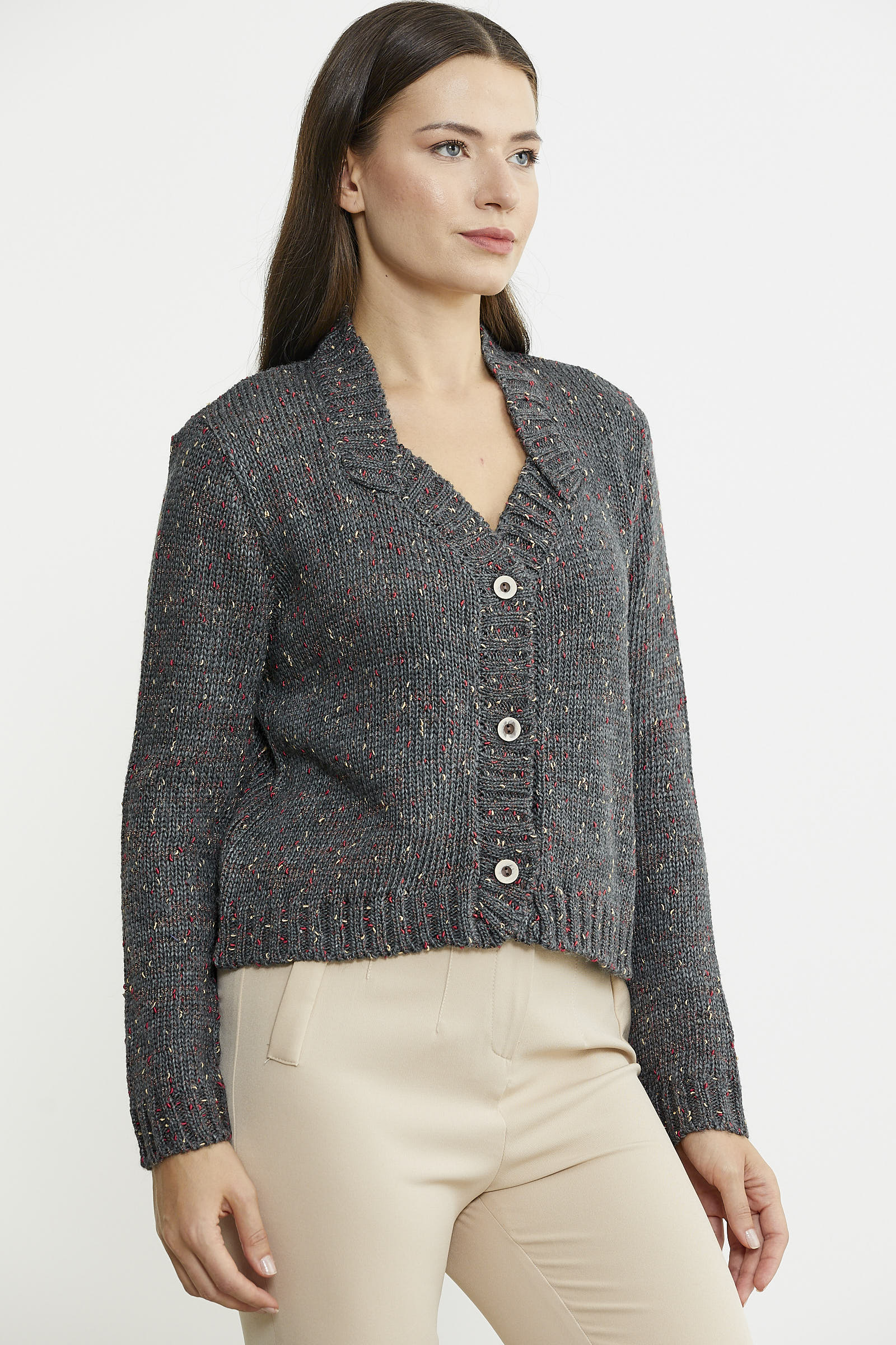 Kırçıllı Yaka Detaylı Yünlü Triko Hırka - Antrasit - Sementa