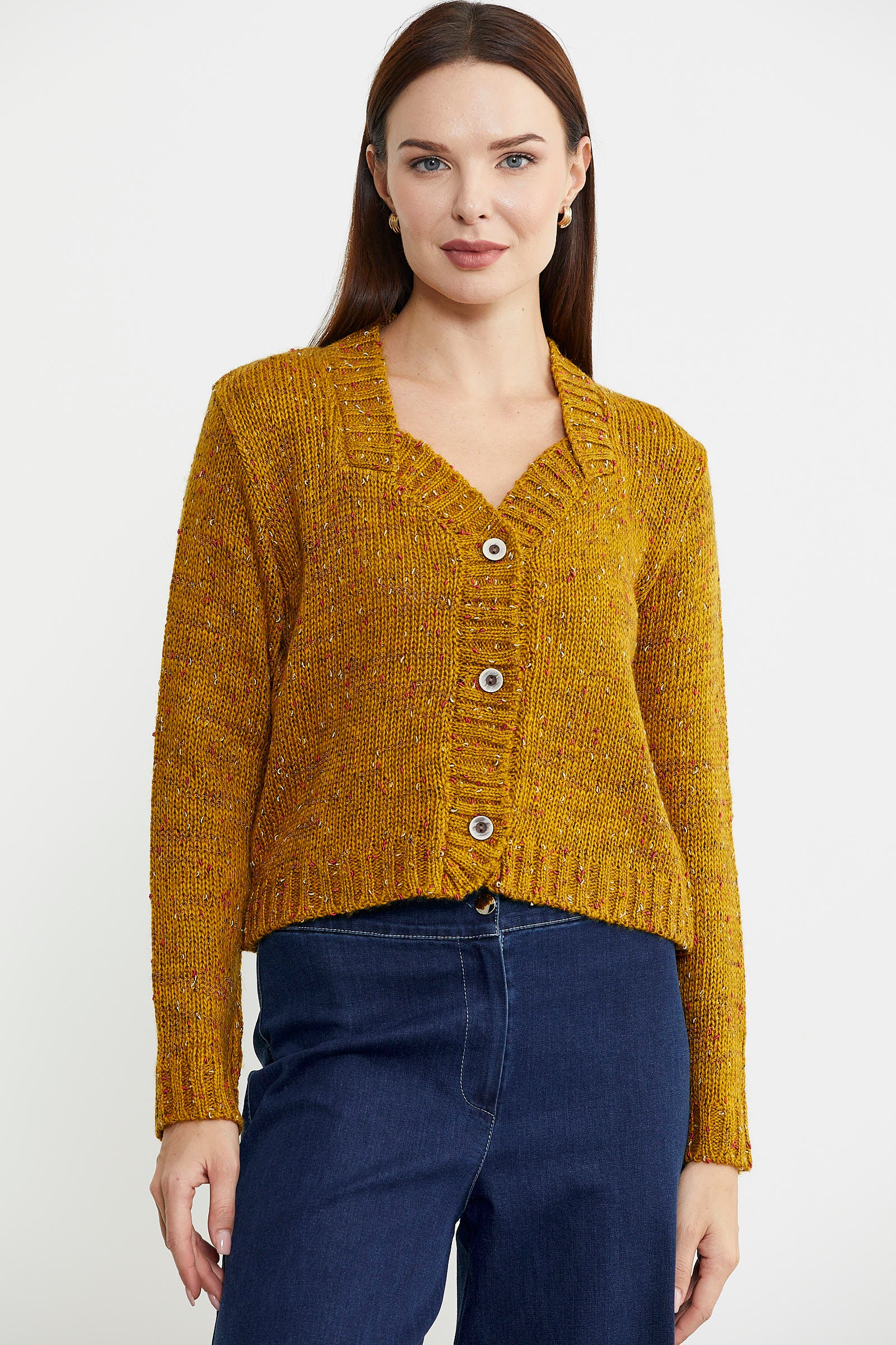 Kırçıllı Yaka Detaylı Yünlü Triko Hırka - Hardal - Sementa