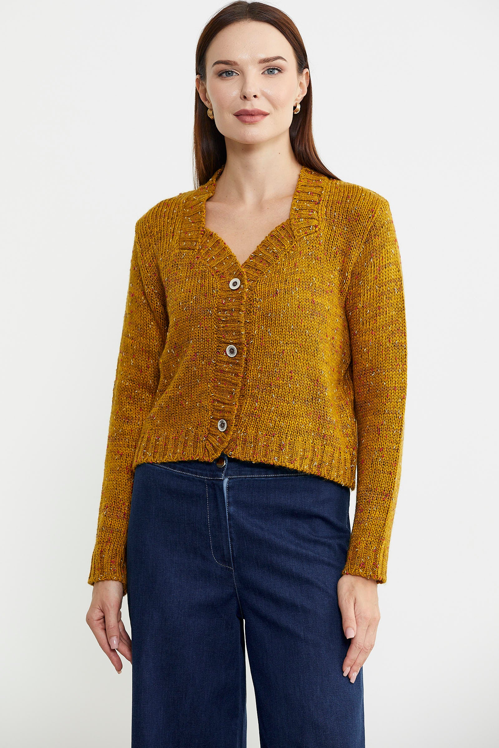 Kırçıllı Yaka Detaylı Yünlü Triko Hırka - Hardal - Sementa