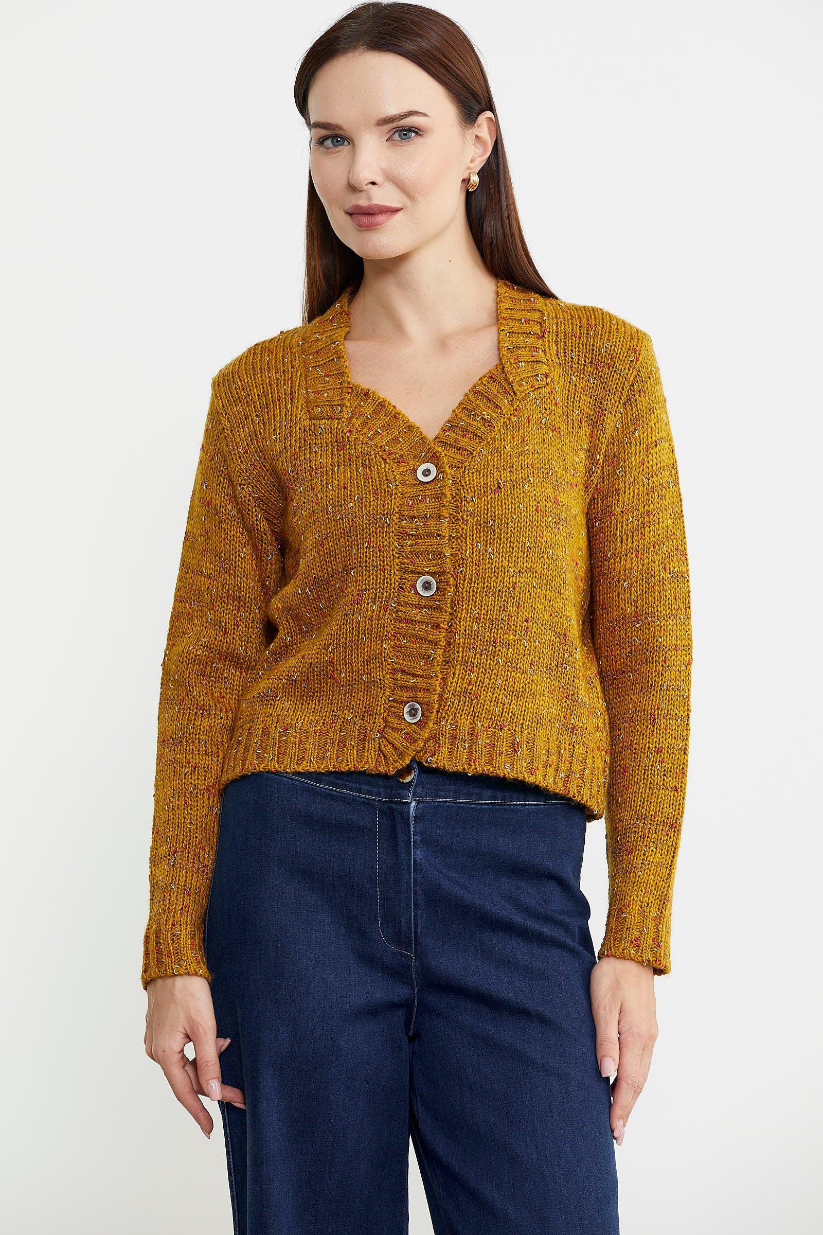 Kırçıllı Yaka Detaylı Yünlü Triko Hırka - Hardal - Sementa