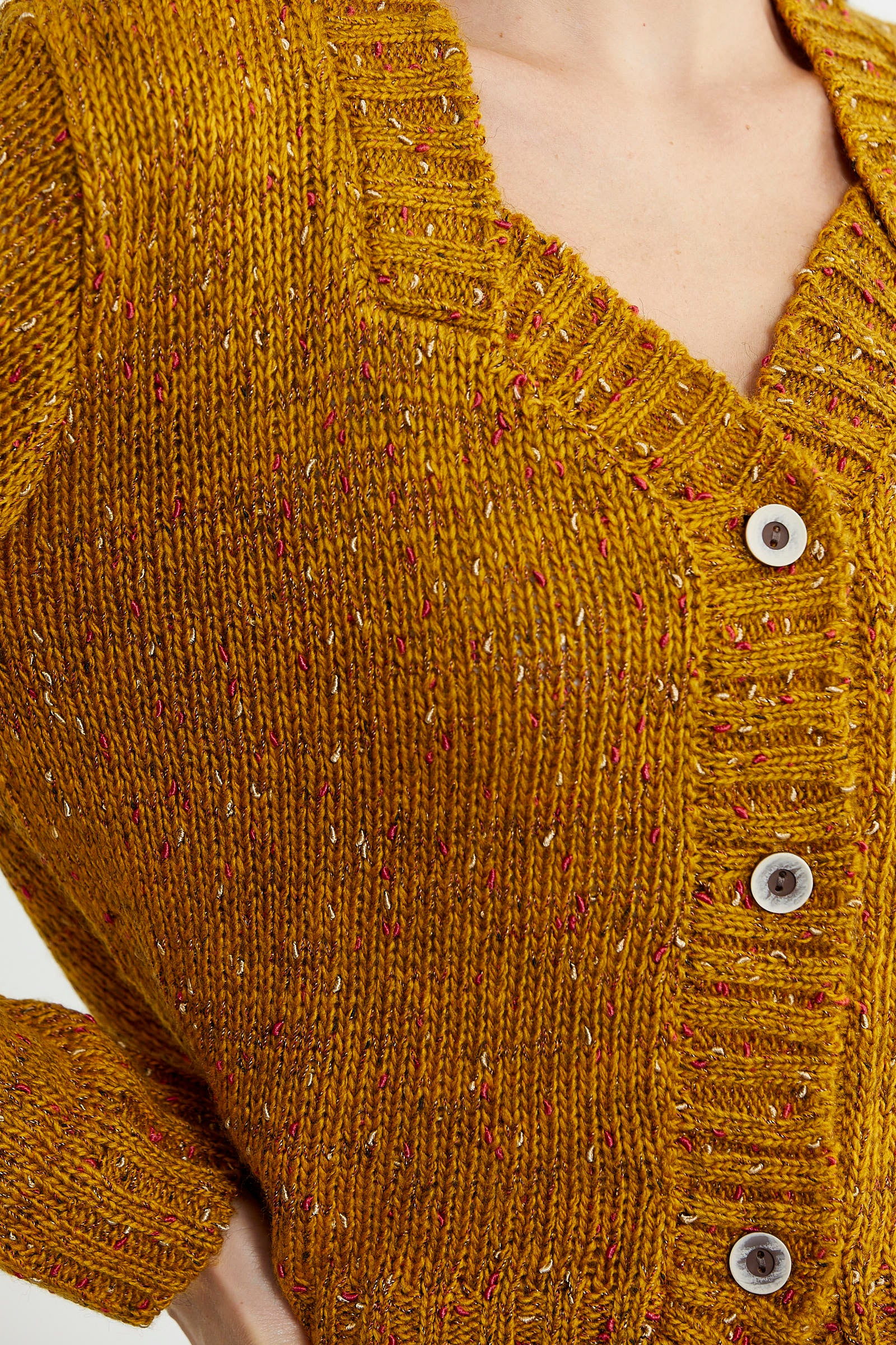 Kırçıllı Yaka Detaylı Yünlü Triko Hırka - Hardal - Sementa