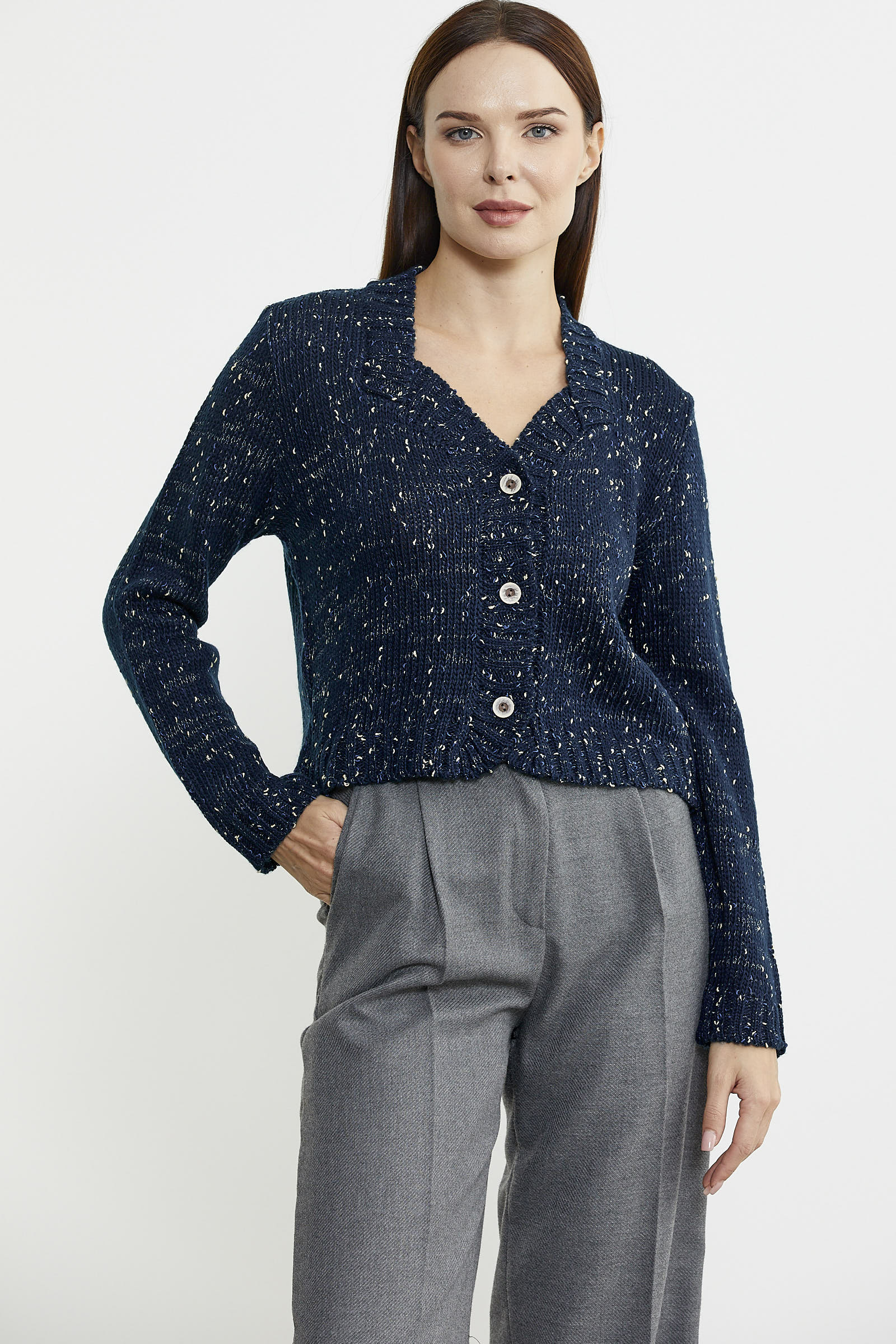 Kırçıllı Yaka Detaylı Yünlü Triko Hırka - Lacivert - Sementa