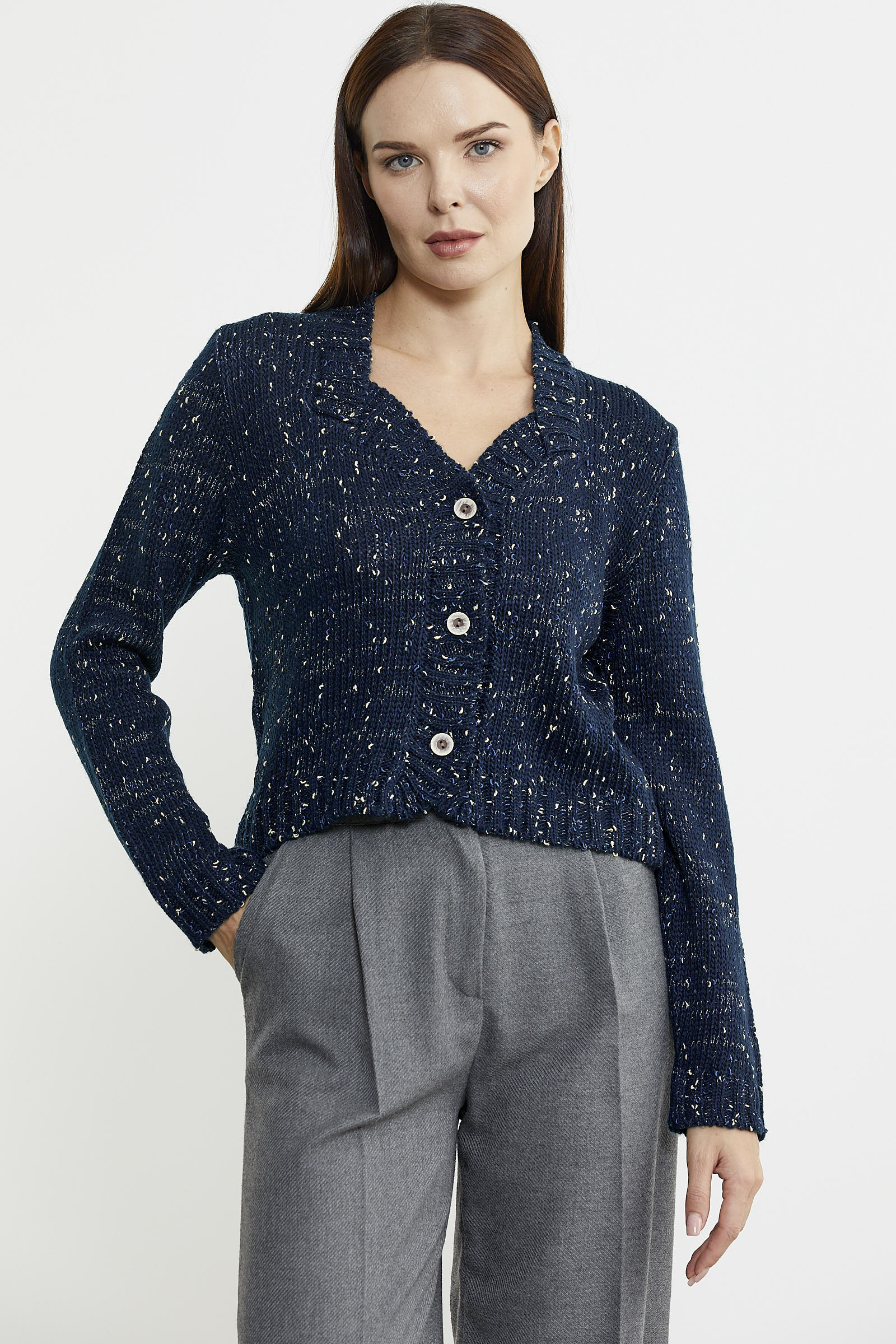 Kırçıllı Yaka Detaylı Yünlü Triko Hırka - Lacivert - Sementa