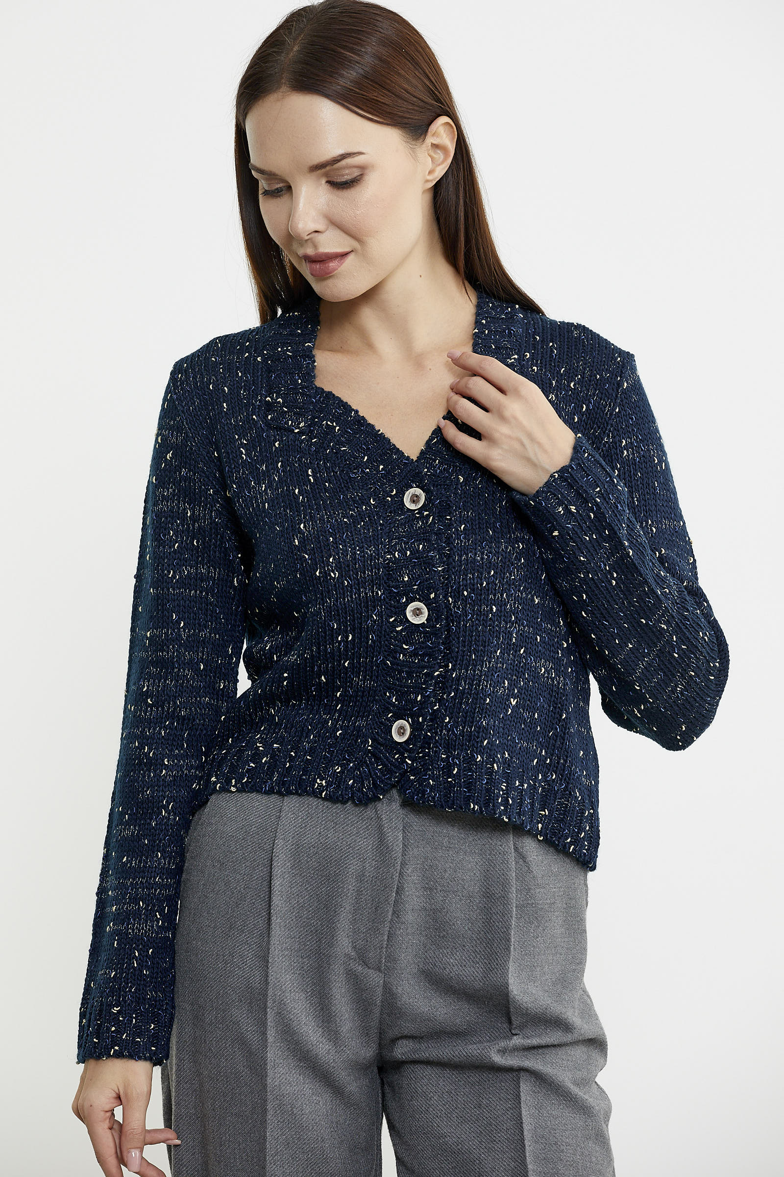 Kırçıllı Yaka Detaylı Yünlü Triko Hırka - Lacivert - Sementa