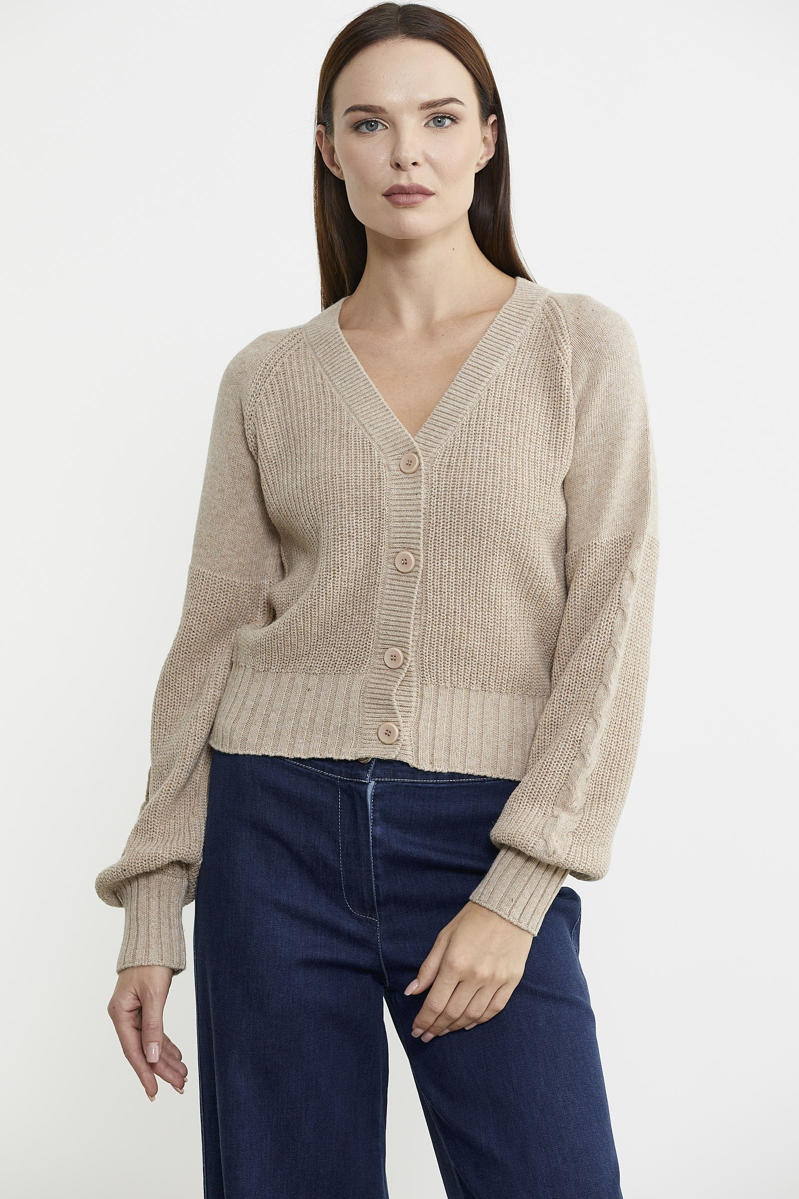 Kısa Düğmeli Yünlü Triko Hırka - Vizon - Sementa