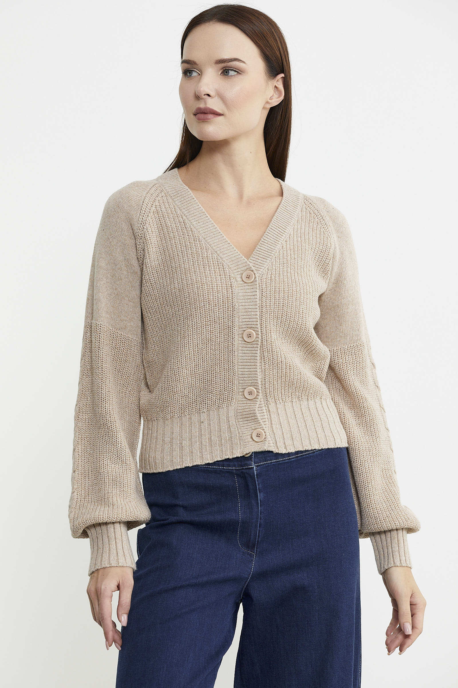 Kısa Düğmeli Yünlü Triko Hırka - Vizon - Sementa