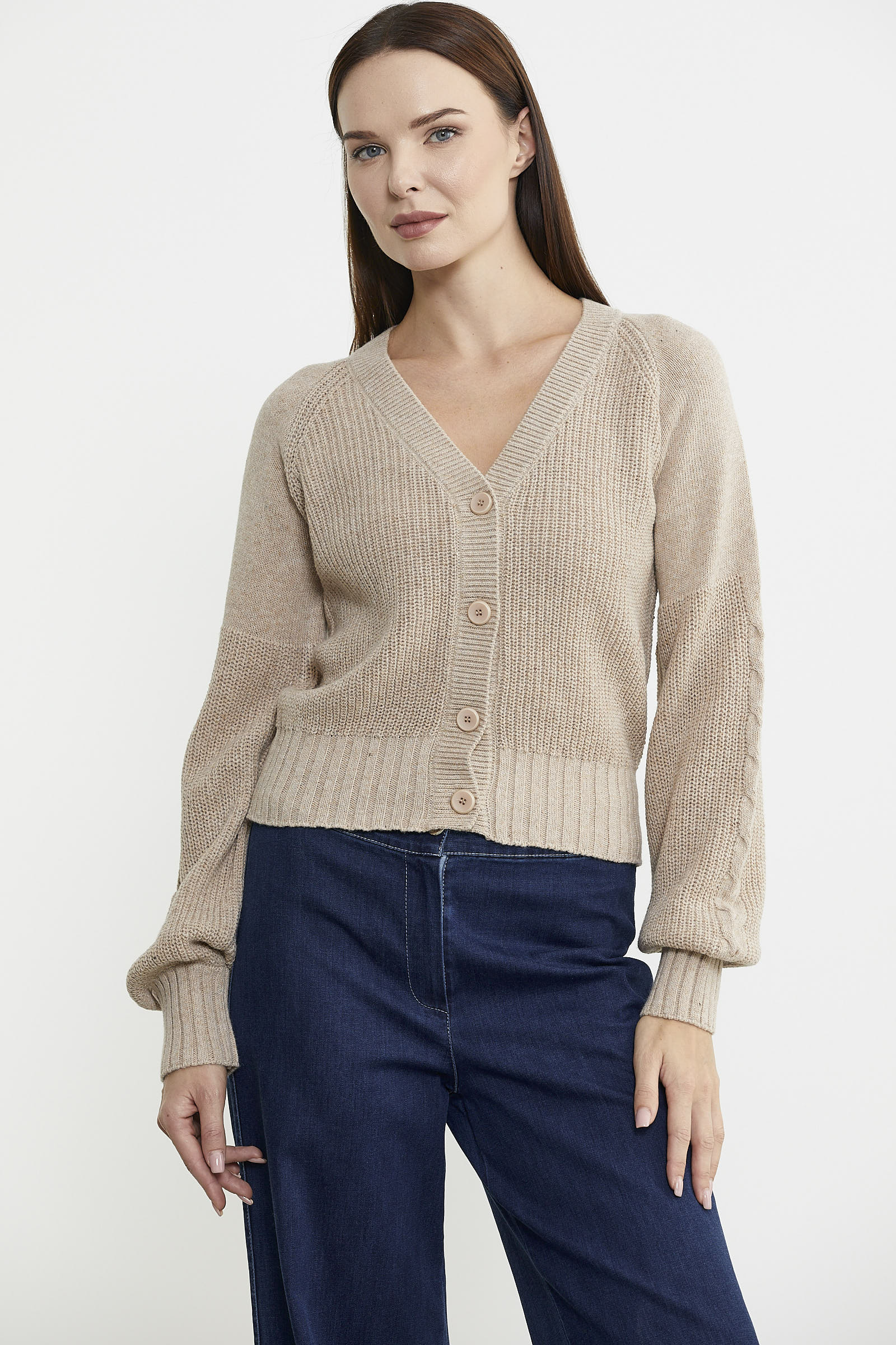 Kısa Düğmeli Yünlü Triko Hırka - Vizon - Sementa