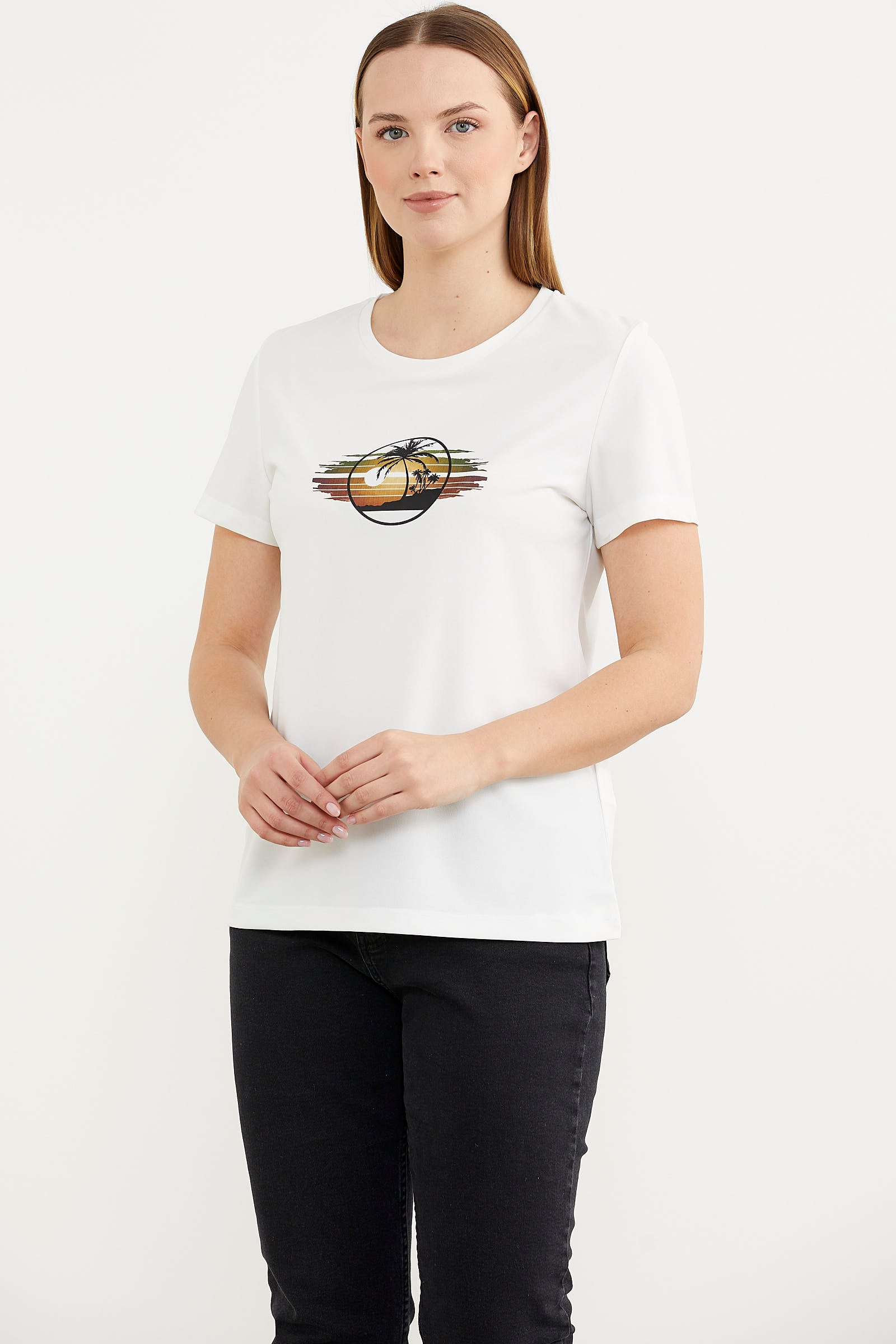 Kısa Kol Baskılı Basic Tişört - Ekru (3) Sementa