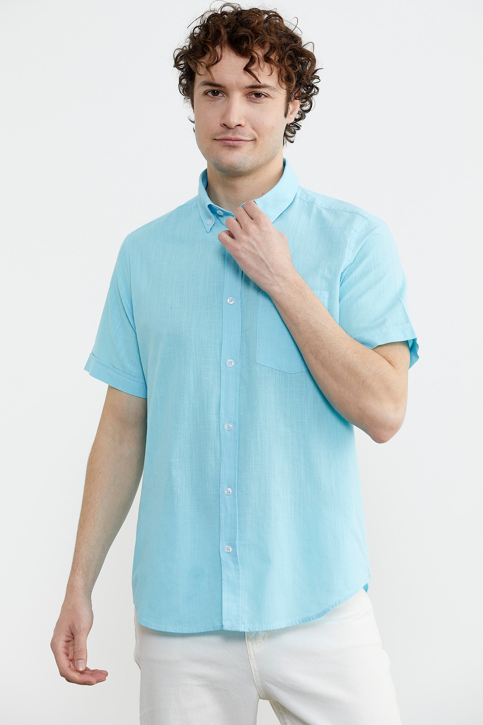Kısa Kol Cepli Yazlık Gömlek - Turkuaz (2) Sementa