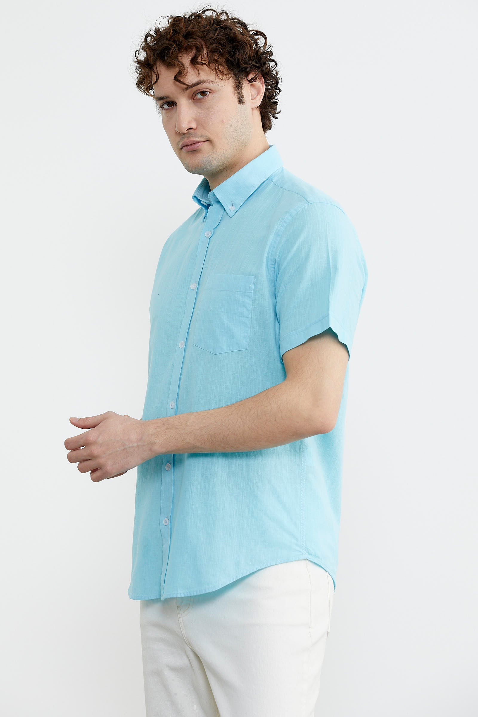 Kısa Kol Cepli Yazlık Gömlek - Turkuaz (4) Sementa