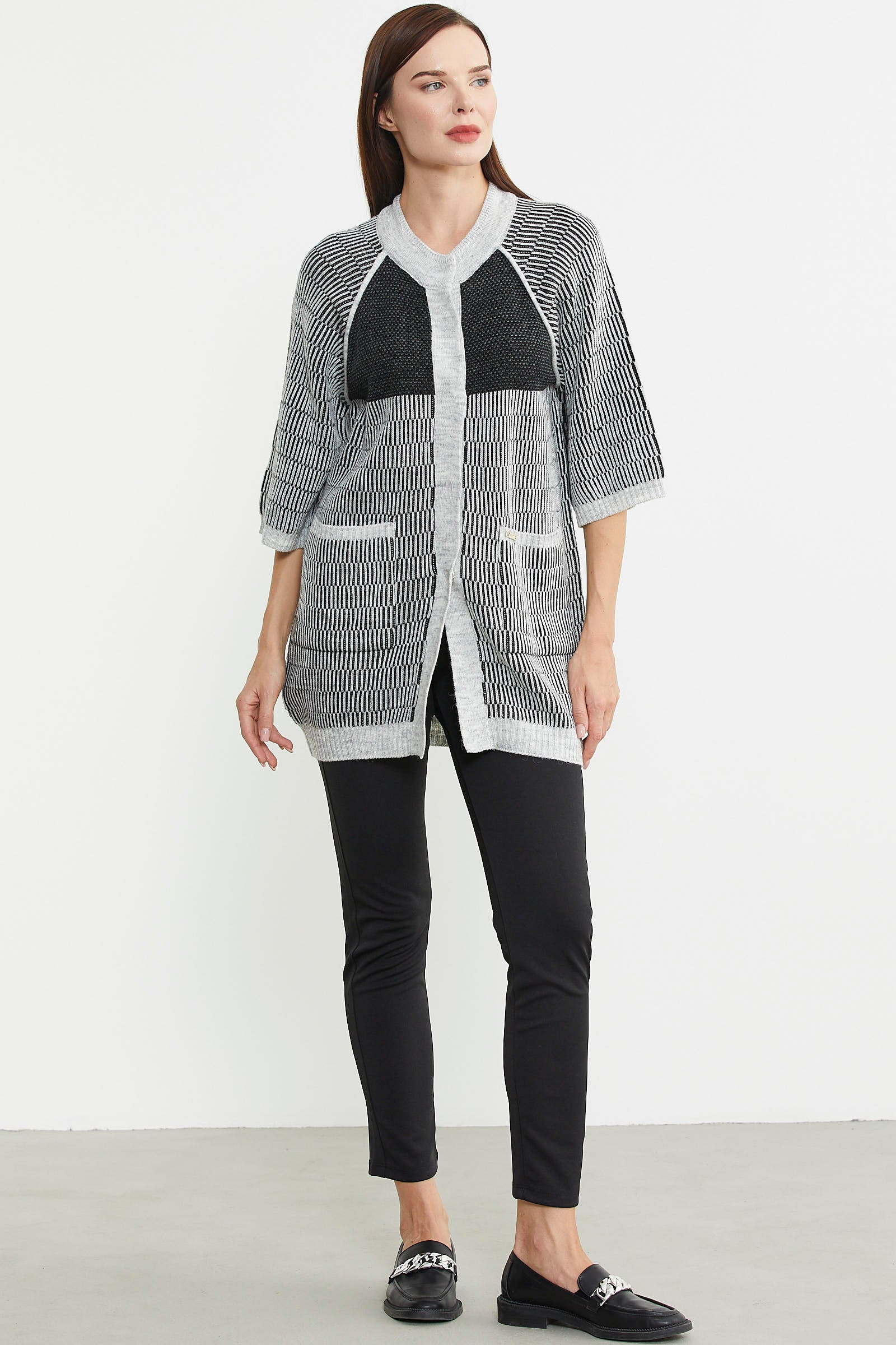 Kısa Kol Çıt Çıtlı Uzun Yünlü Triko Hırka - Gri - Sementa