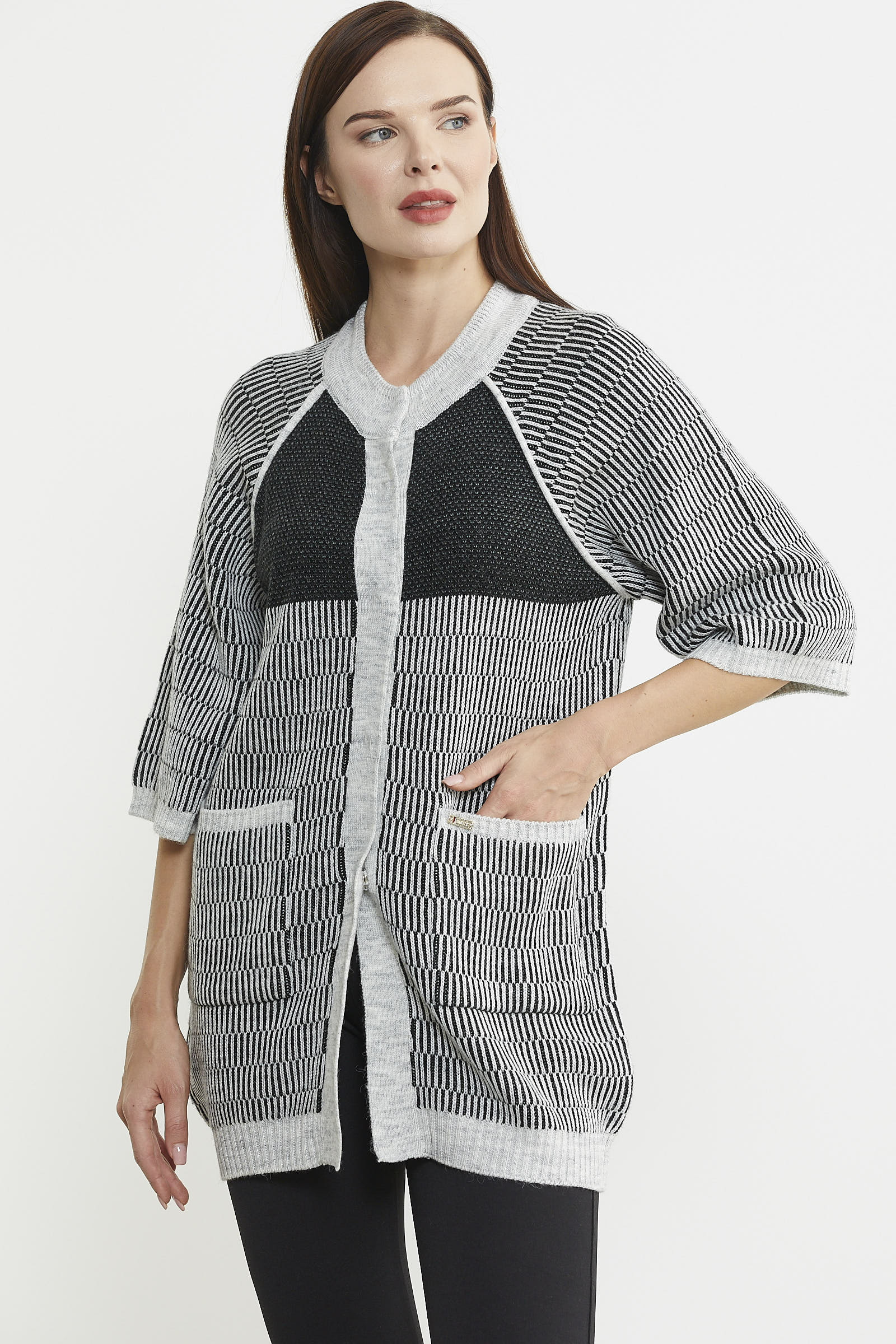 Kısa Kol Çıt Çıtlı Uzun Yünlü Triko Hırka - Gri - Sementa