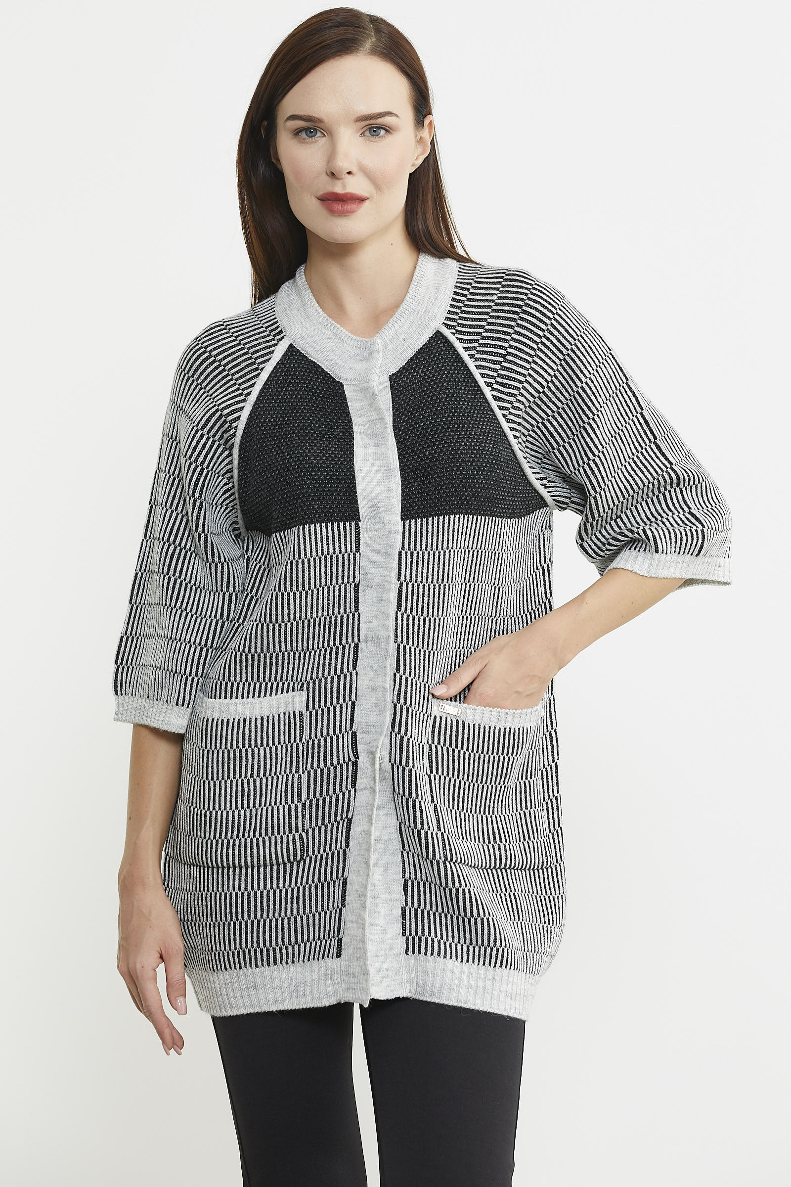 Kısa Kol Çıt Çıtlı Uzun Yünlü Triko Hırka - Gri - Sementa