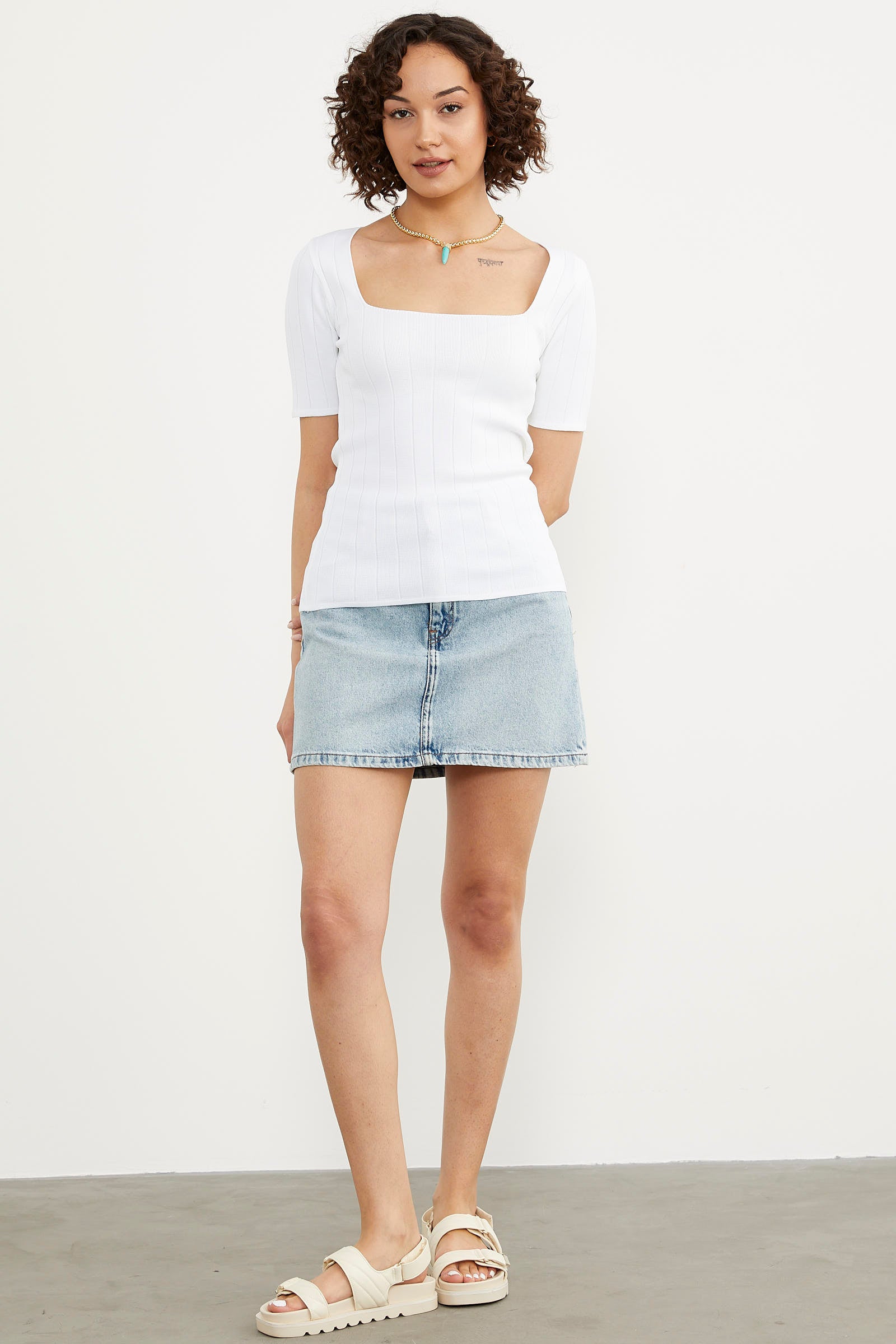 Kısa Kol Kendinden Çizgili Triko Bluz - Beyaz (1) Sementa
