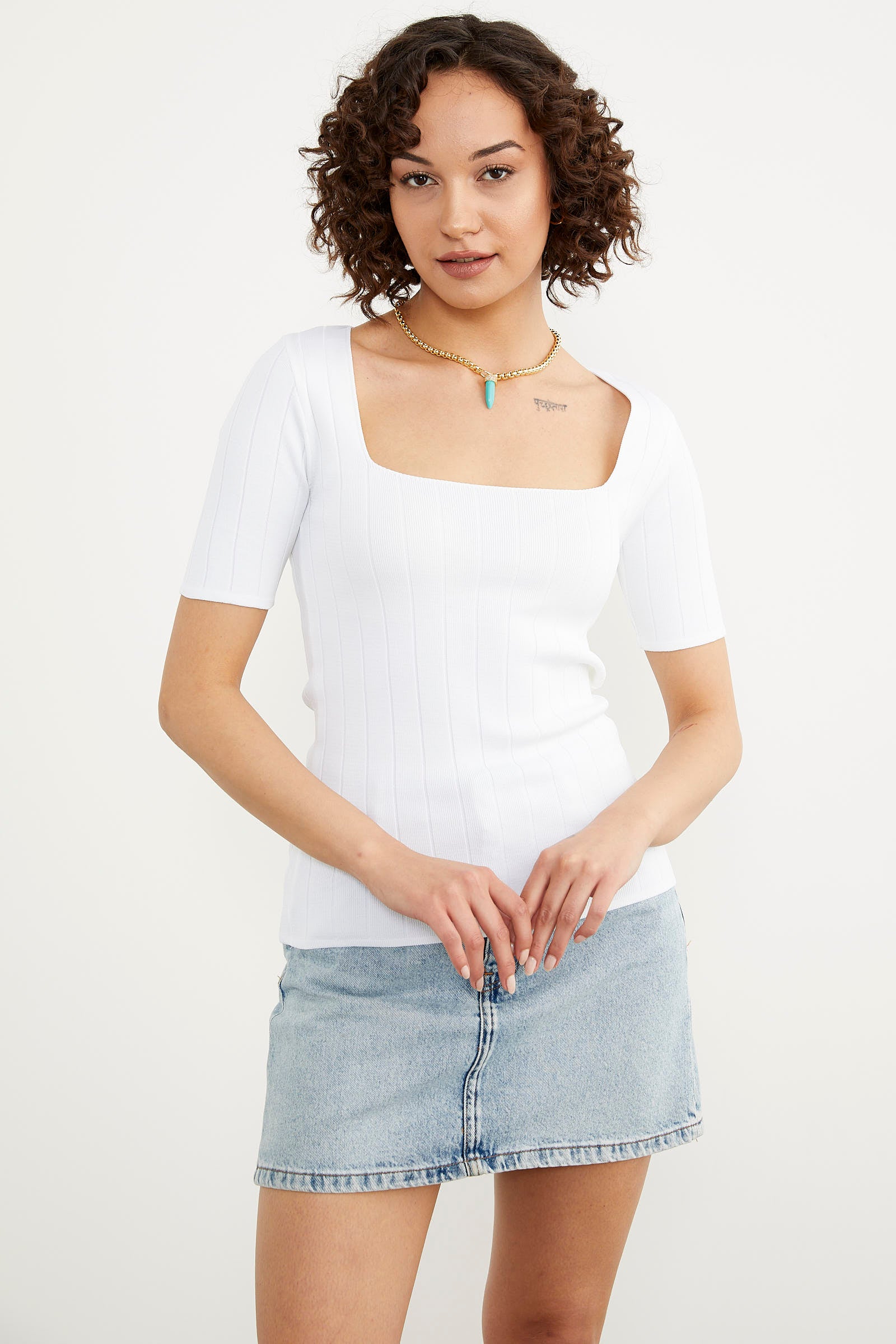 Kısa Kol Kendinden Çizgili Triko Bluz - Beyaz (2) Sementa