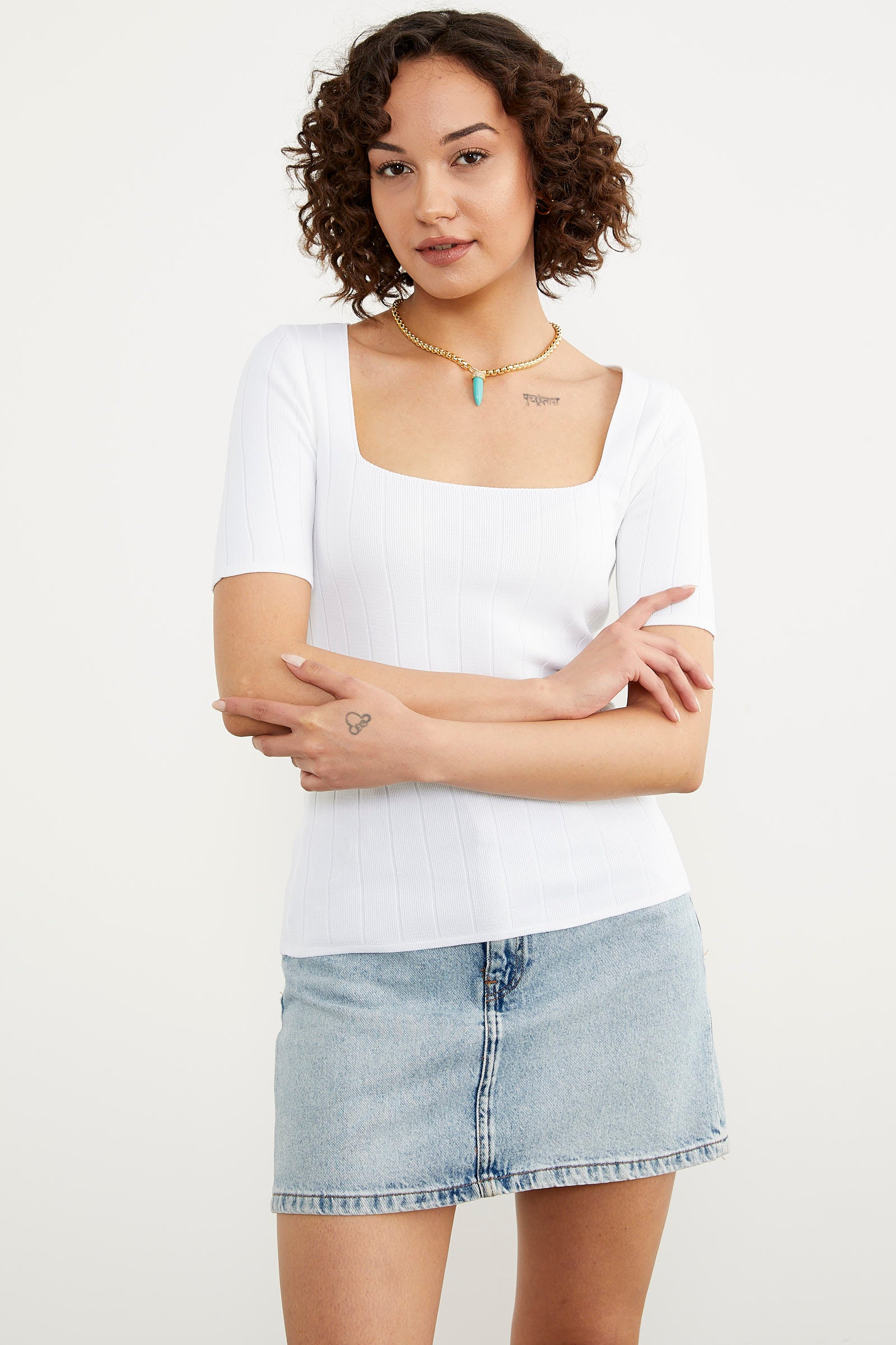 Kısa Kol Kendinden Çizgili Triko Bluz - Beyaz (3) Sementa