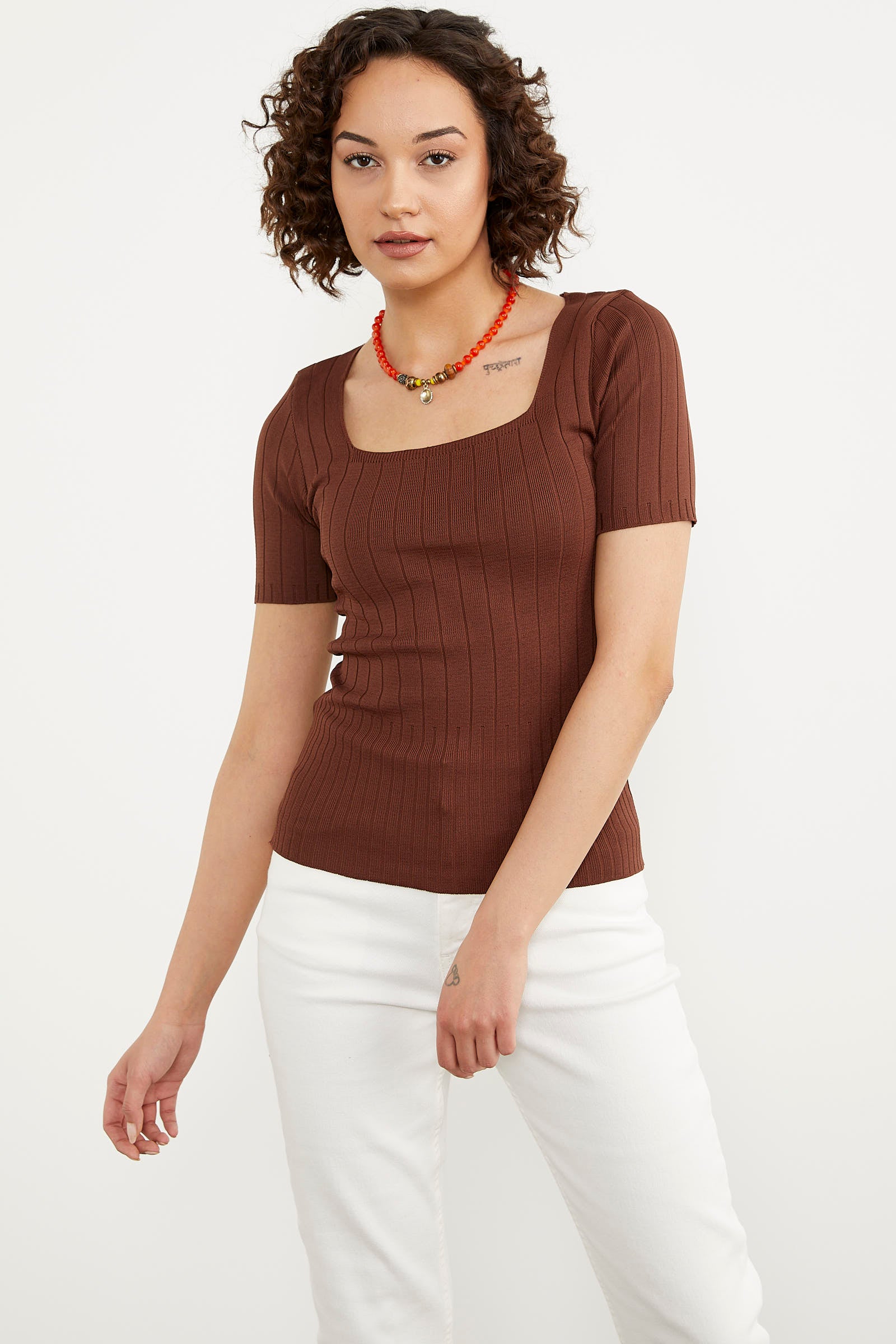 Kısa Kol Kendinden Çizgili Triko Bluz - Kahve (1) Sementa
