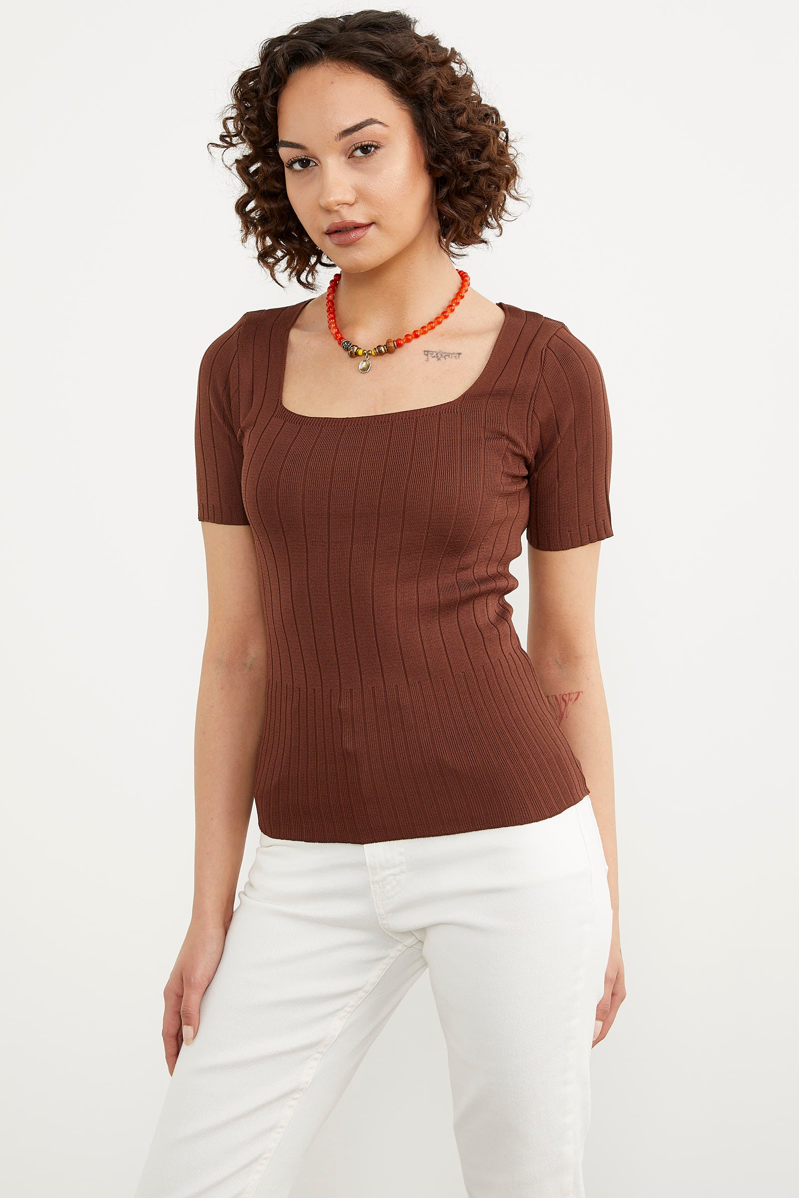 Kısa Kol Kendinden Çizgili Triko Bluz - Kahve (2) Sementa
