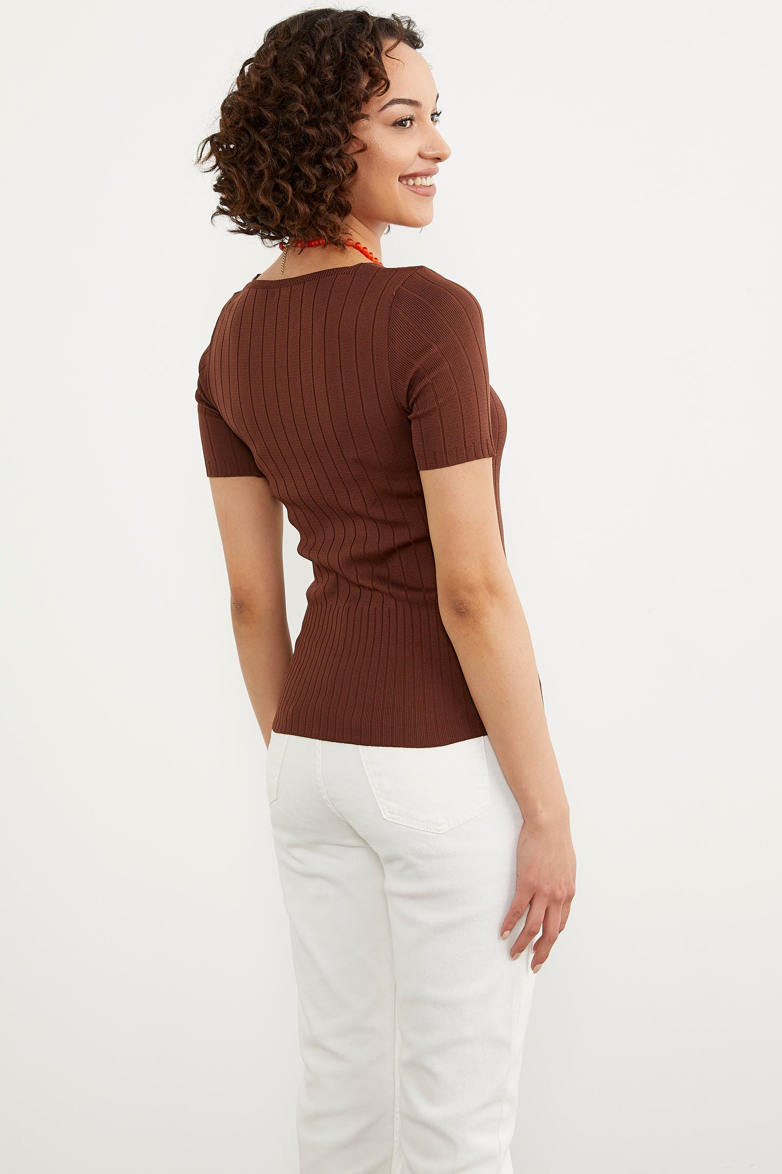 Kısa Kol Kendinden Çizgili Triko Bluz - Kahve (4) Sementa