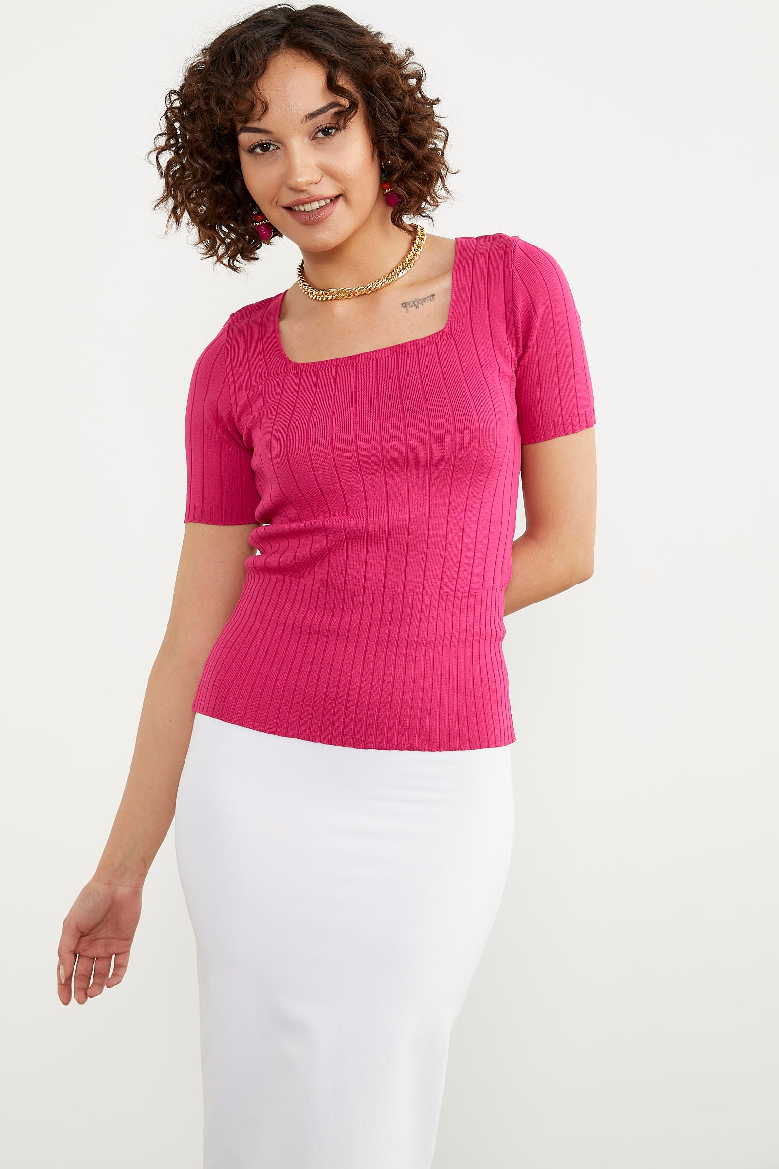 Kısa Kol Kendinden Çizgili Triko Bluz - Nar Çiçeği (5) Sementa