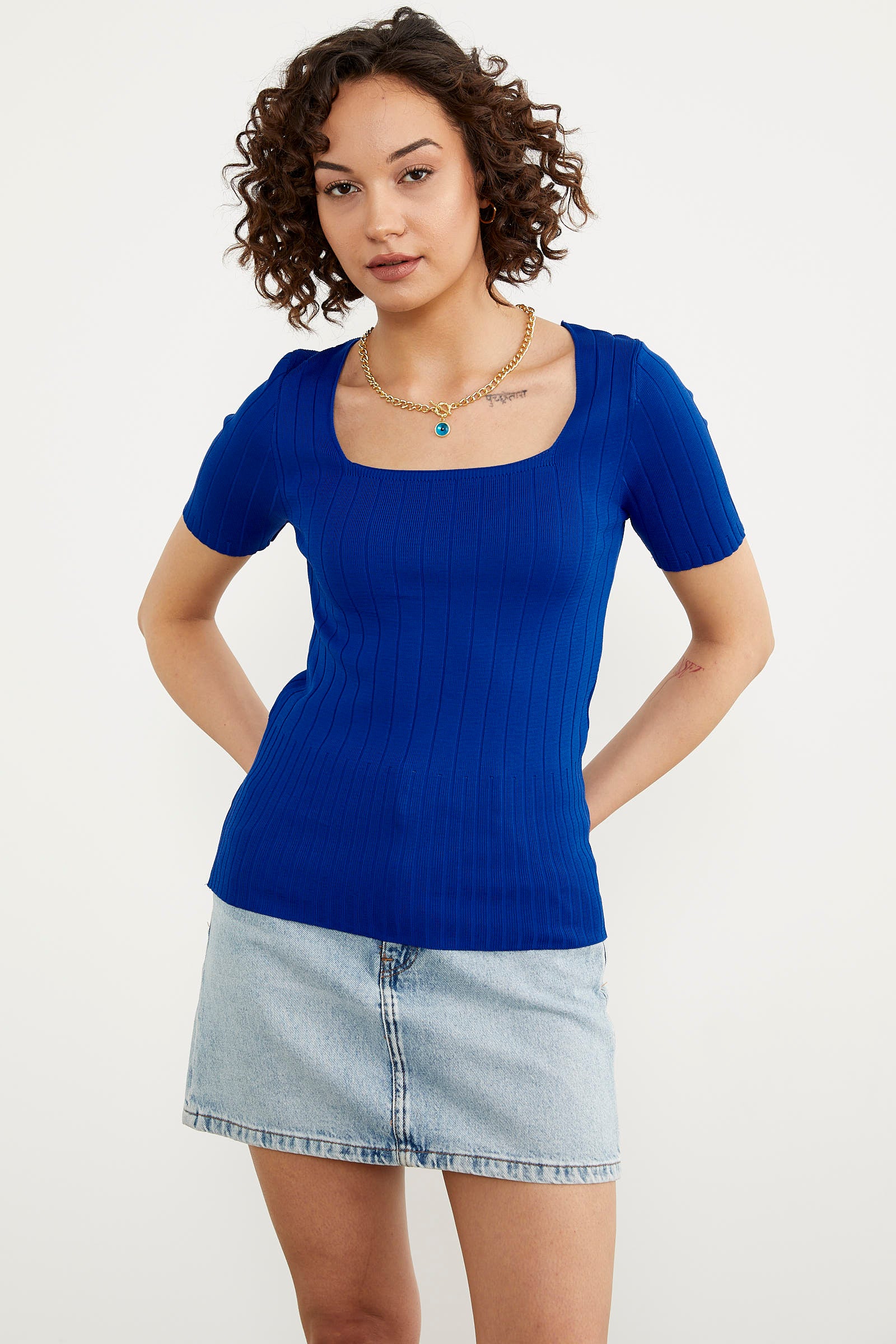 Kısa Kol Kendinden Çizgili Triko Bluz - Saks (1) Sementa