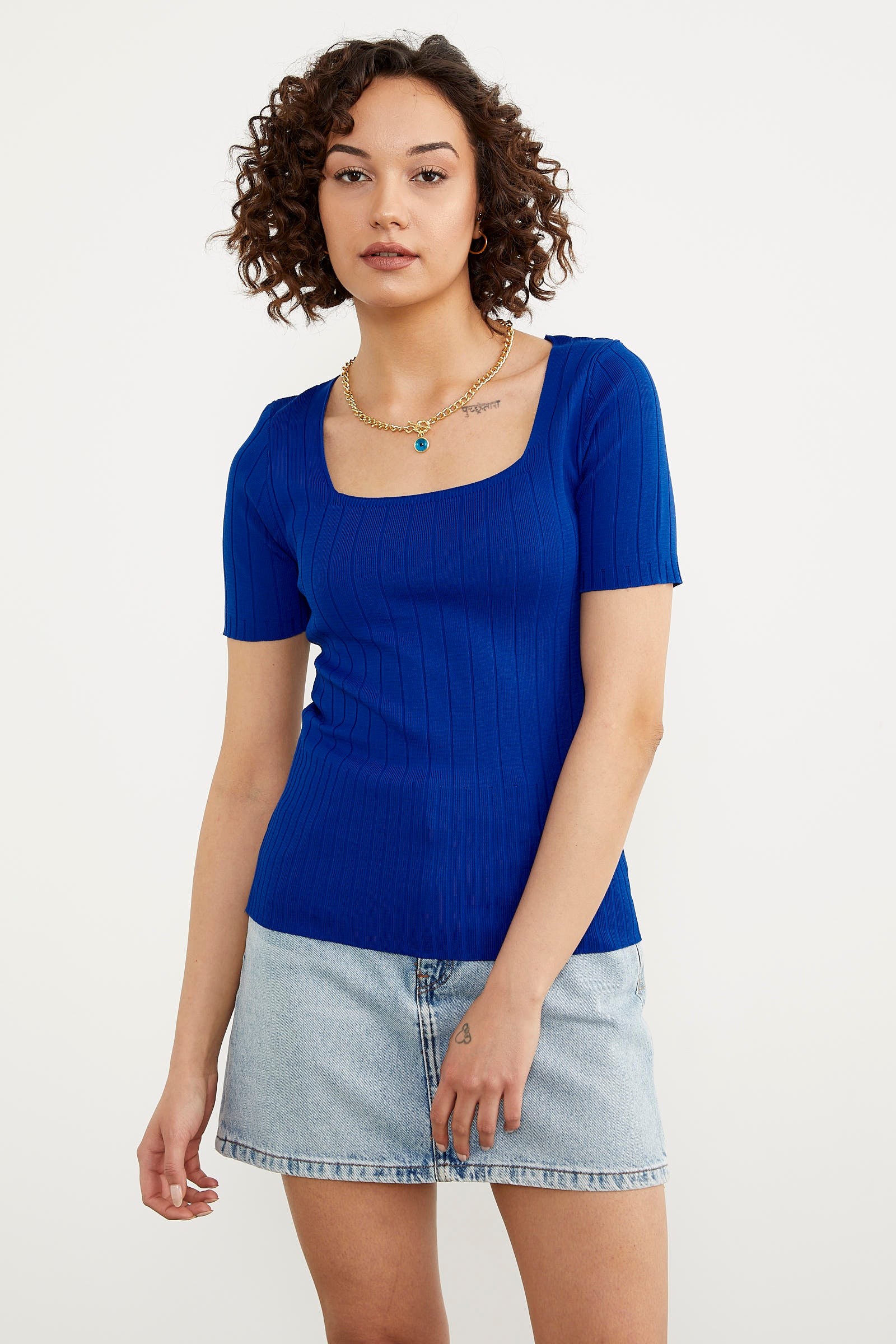 Kısa Kol Kendinden Çizgili Triko Bluz - Saks (2) Sementa