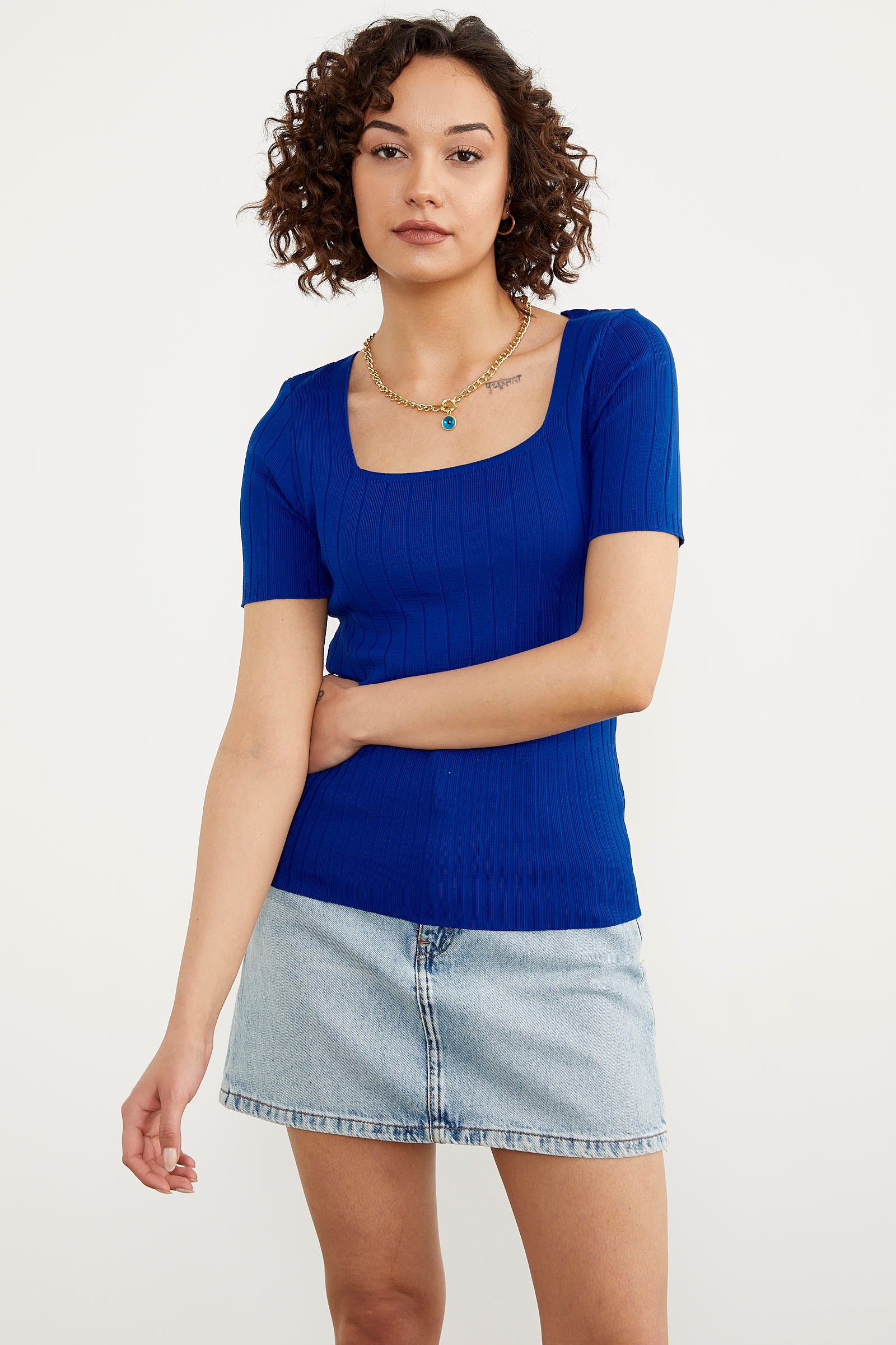 Kısa Kol Kendinden Çizgili Triko Bluz - Saks (4) Sementa