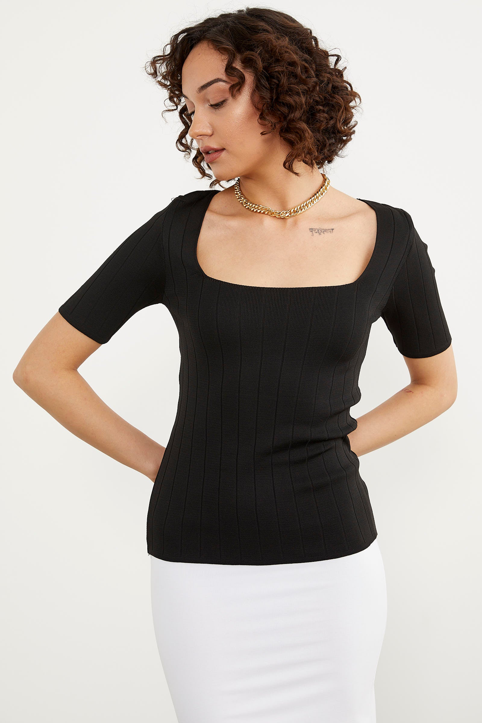 Kısa Kol Kendinden Çizgili Triko Bluz - Siyah (3) Sementa