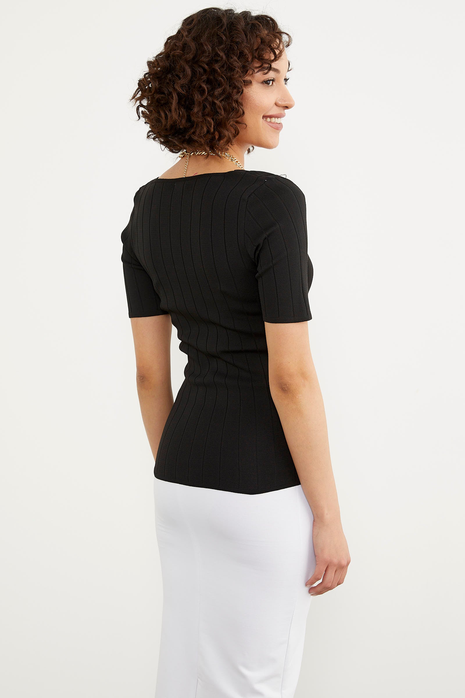 Kısa Kol Kendinden Çizgili Triko Bluz - Siyah (6) Sementa