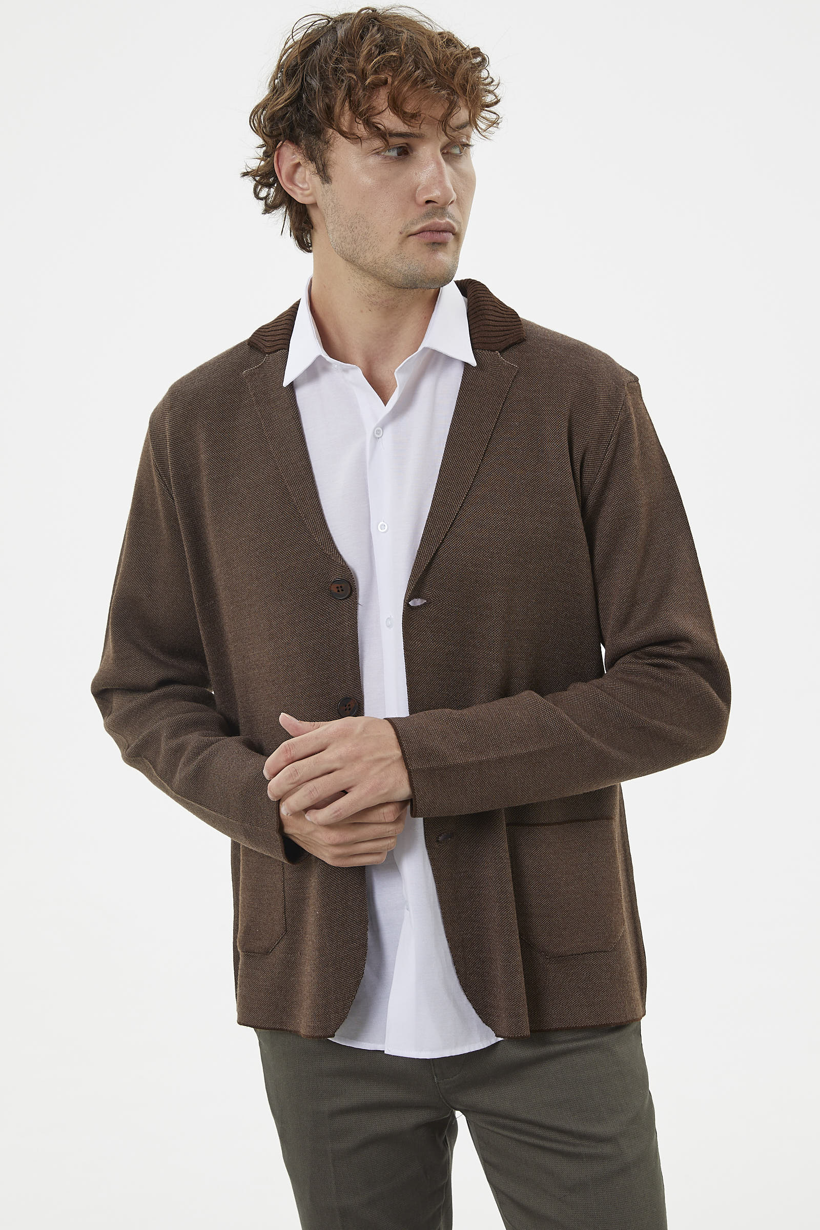 Klasik Cep Detaylı Triko Ceket - Kahve (2) Sementa