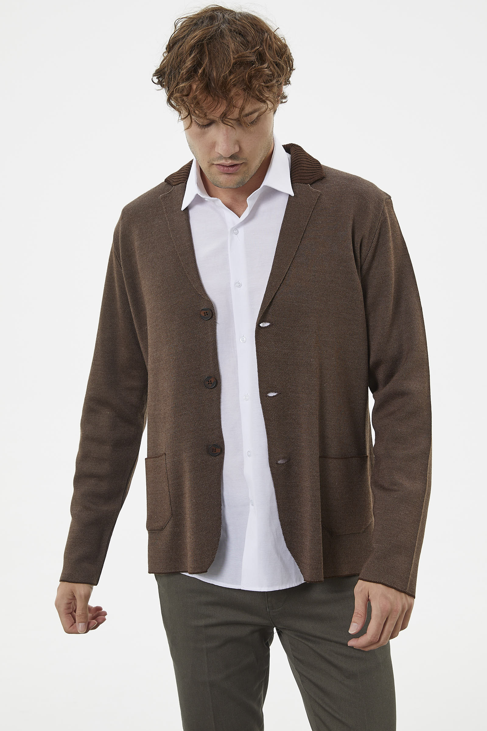 Klasik Cep Detaylı Triko Ceket - Kahve (3) Sementa