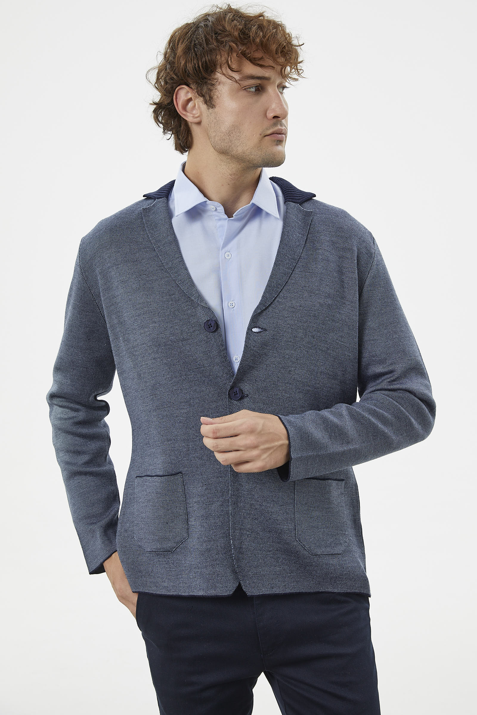 Klasik Cep Detaylı Triko Ceket - Lacivert (3) Sementa