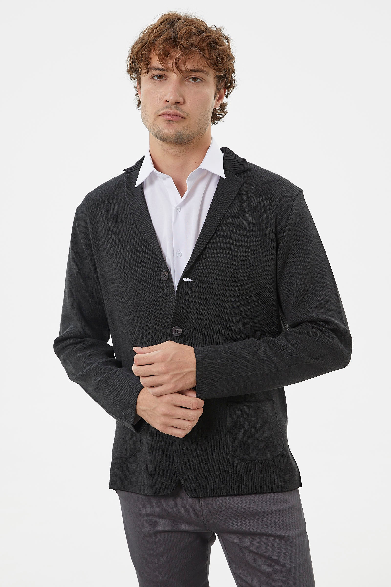 Klasik Cep Detaylı Triko Ceket - Siyah (2) Sementa